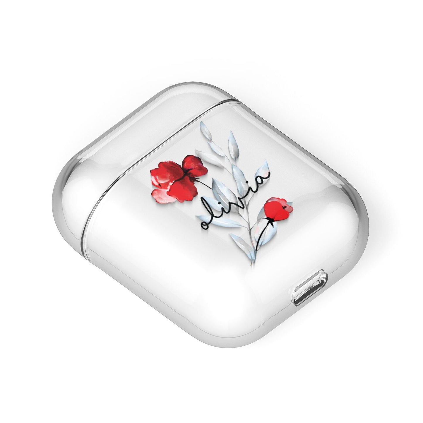Personalised Red Roses Floral Name AirPods Case Laid Flat