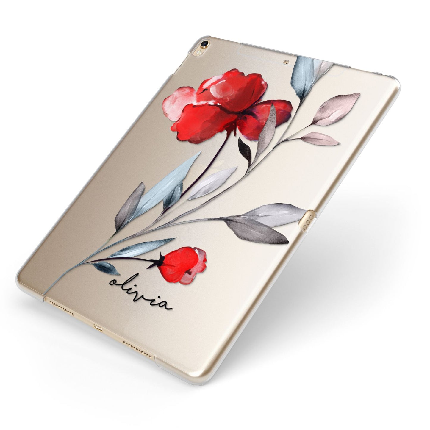 Personalised Red Roses Floral Name Apple iPad Case on Gold iPad Side View