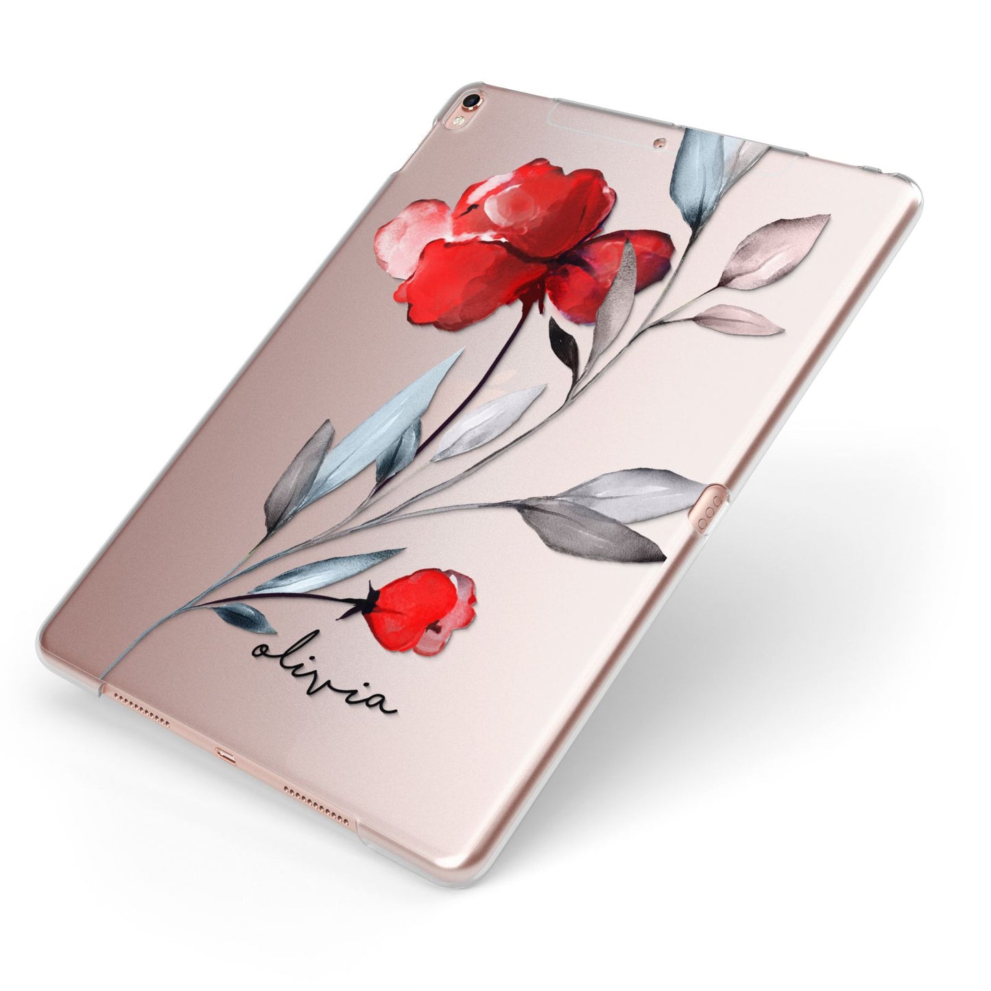 Personalised Red Roses Floral Name Apple iPad Case on Rose Gold iPad Side View