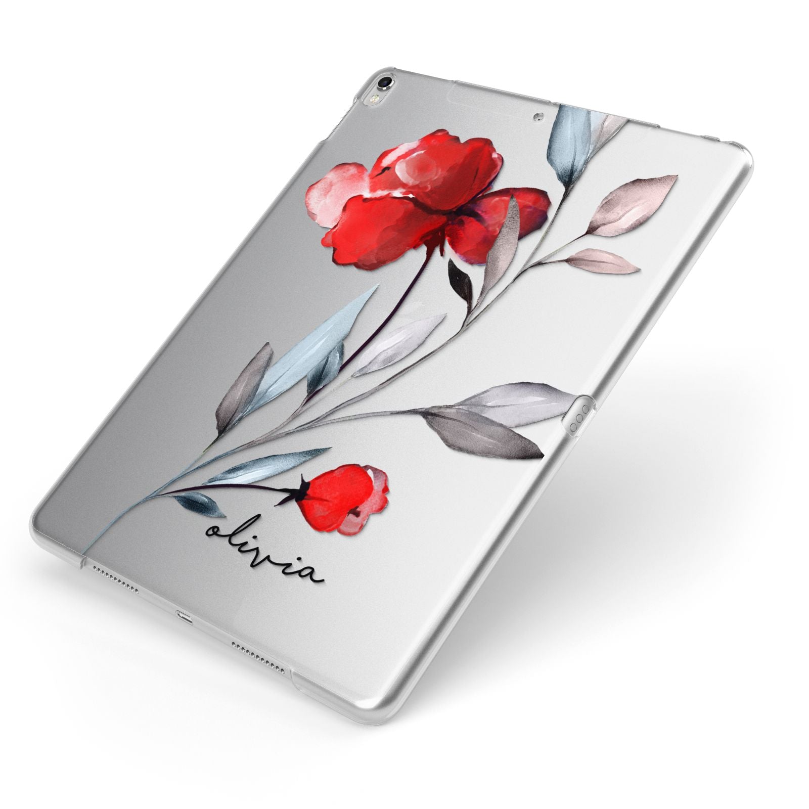 Personalised Red Roses Floral Name Apple iPad Case on Silver iPad Side View