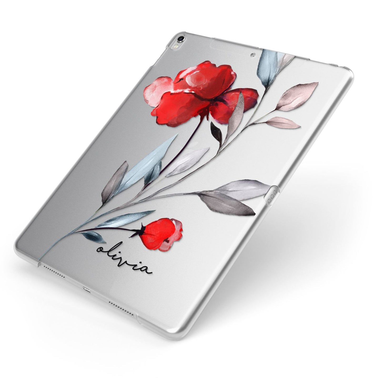 Personalised Red Roses Floral Name Apple iPad Case on Silver iPad Side View