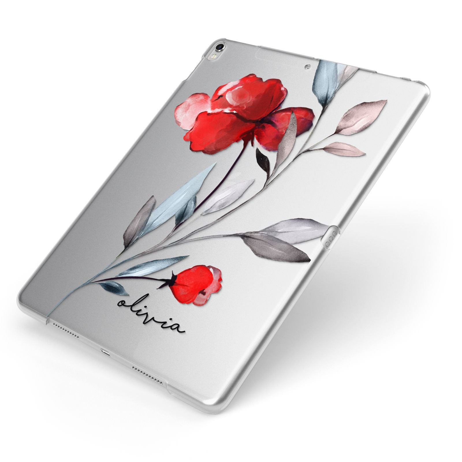 Personalised Red Roses Floral Name Apple iPad Case on Silver iPad Side View
