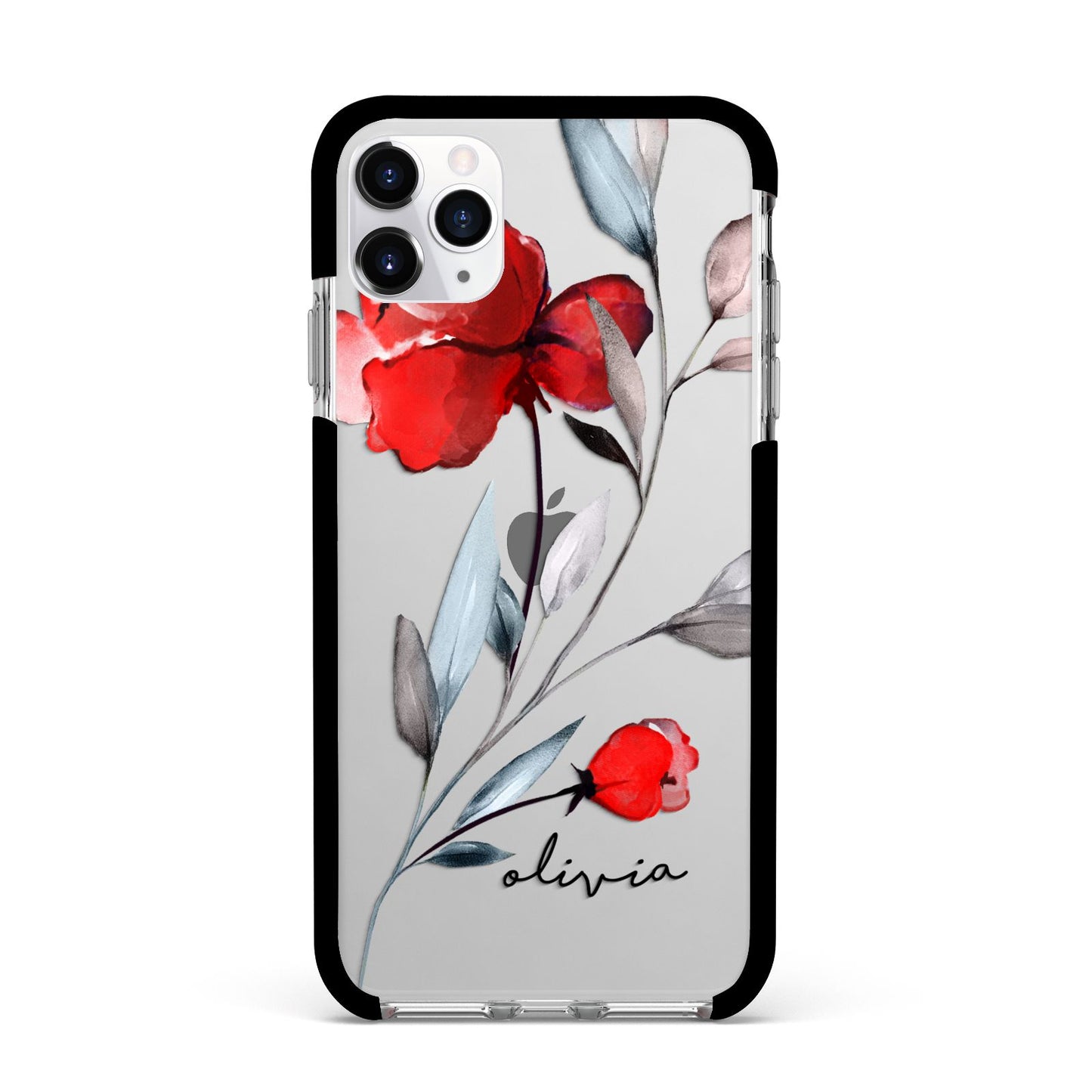 Personalised Red Roses Floral Name Apple iPhone 11 Pro Max in Silver with Black Impact Case