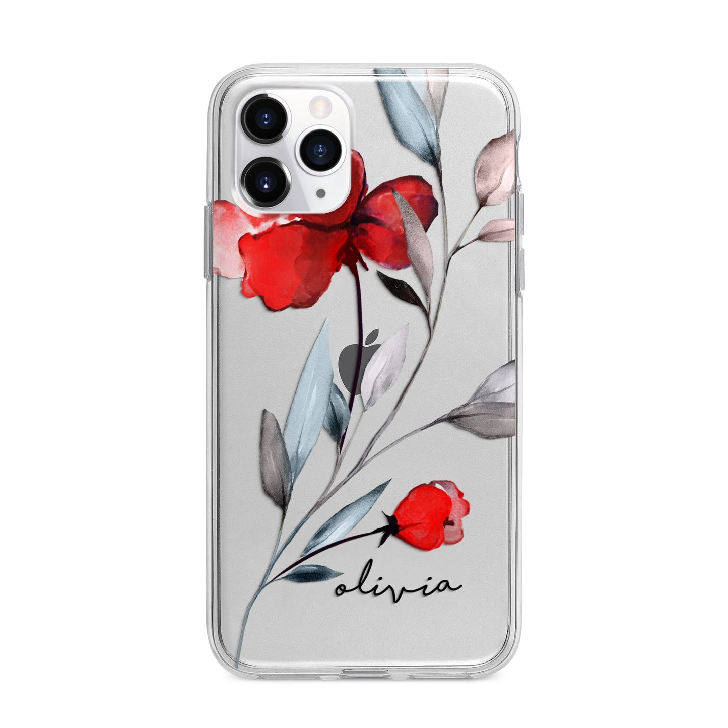 Personalised Red Roses Floral Name Apple iPhone 11 Pro Max in Silver with Bumper Case