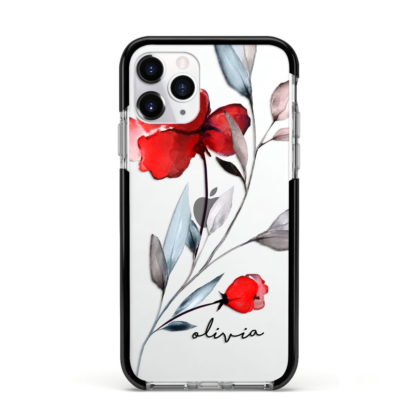 Personalised Red Roses Floral Name Apple iPhone 11 Pro in Silver with Black Impact Case