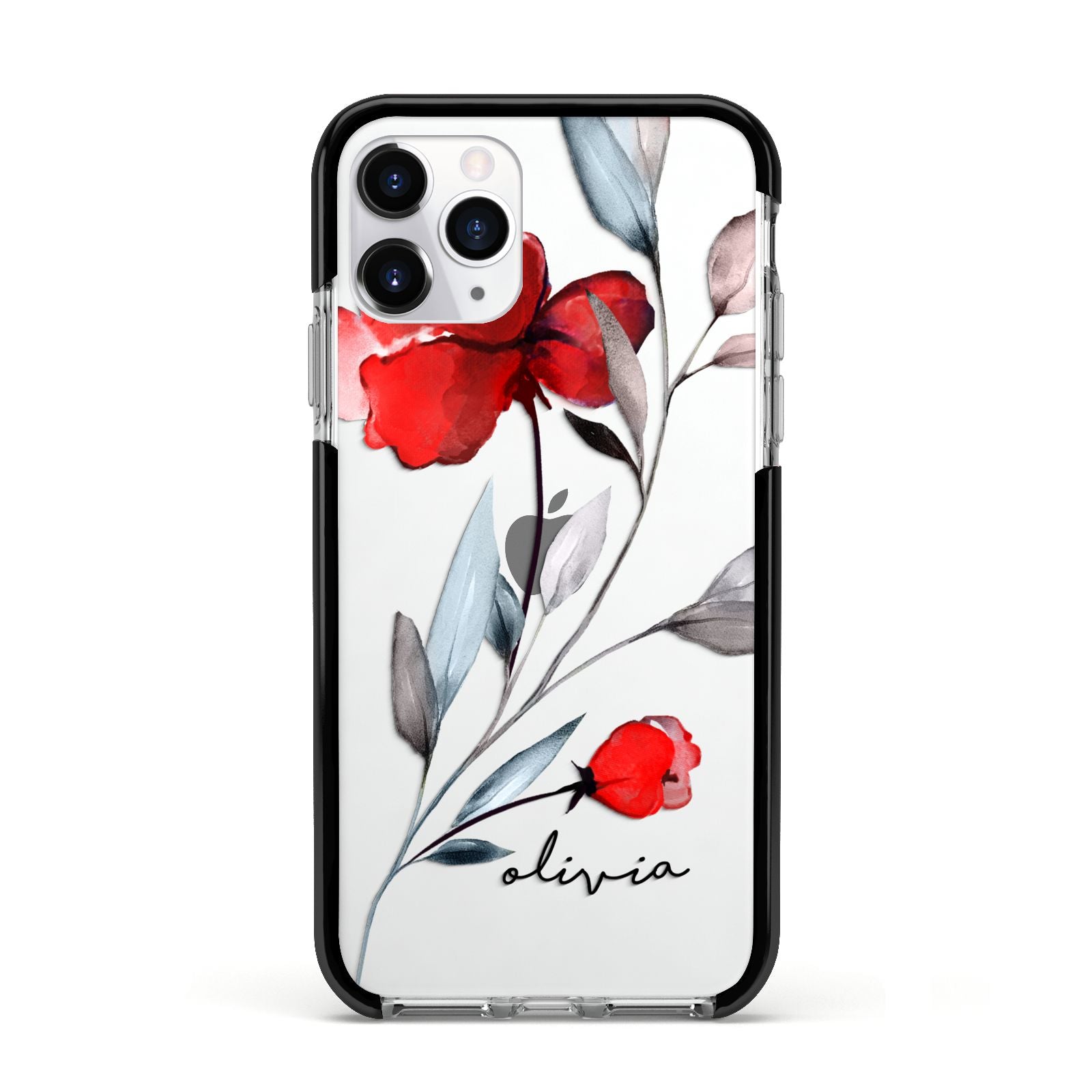 Personalised Red Roses Floral Name Apple iPhone 11 Pro in Silver with Black Impact Case