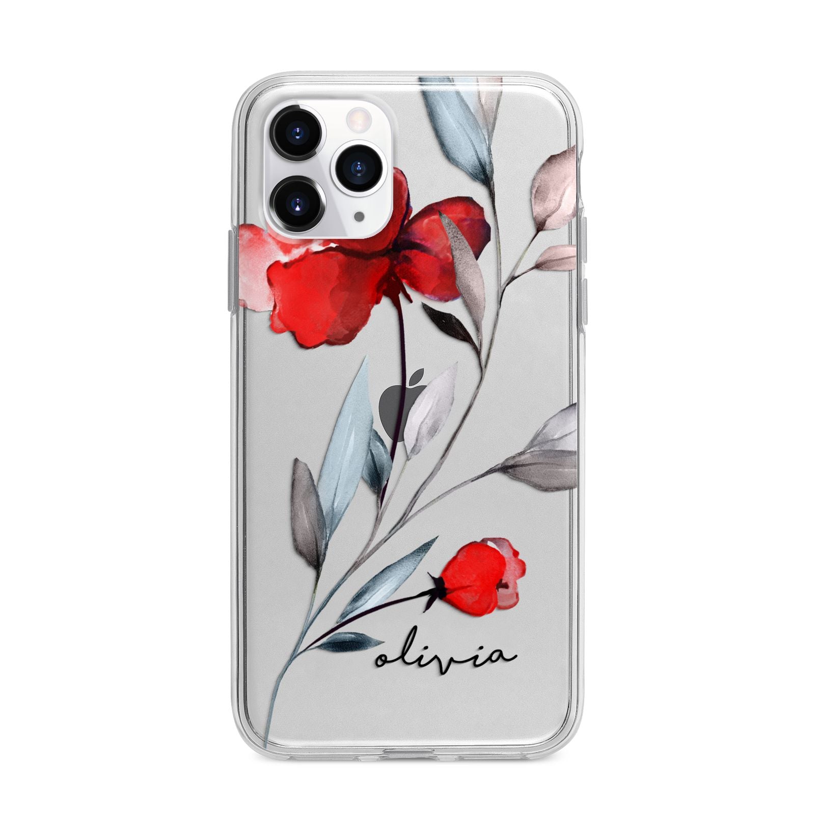 Personalised Red Roses Floral Name Apple iPhone 11 Pro in Silver with Bumper Case
