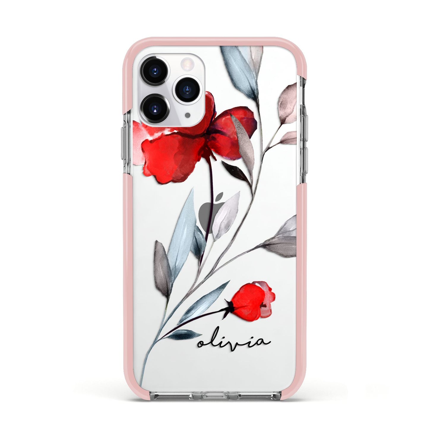 Personalised Red Roses Floral Name Apple iPhone 11 Pro in Silver with Pink Impact Case
