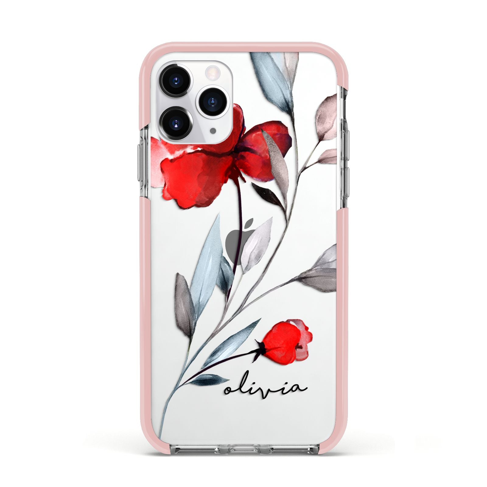 Personalised Red Roses Floral Name Apple iPhone 11 Pro in Silver with Pink Impact Case
