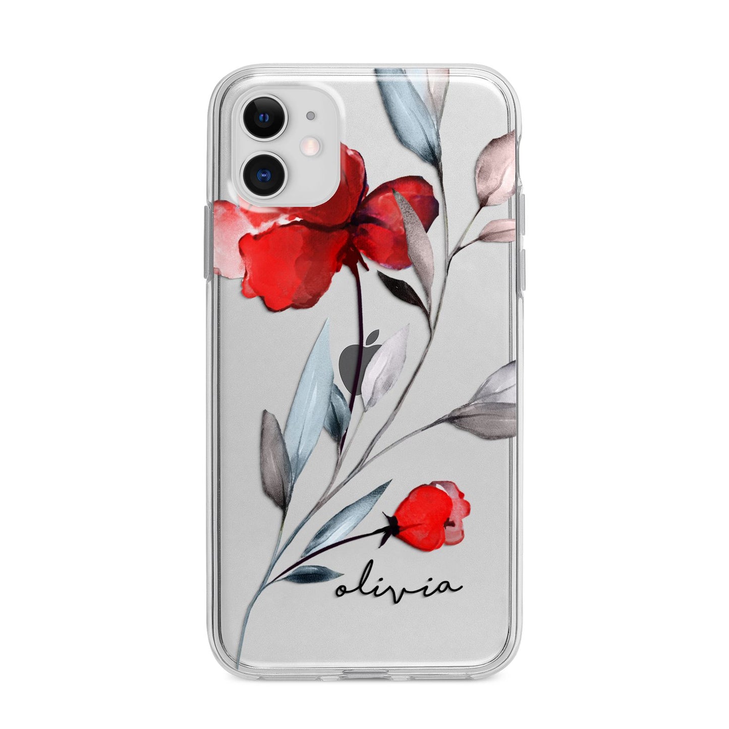 Personalised Red Roses Floral Name Apple iPhone 11 in White with Bumper Case