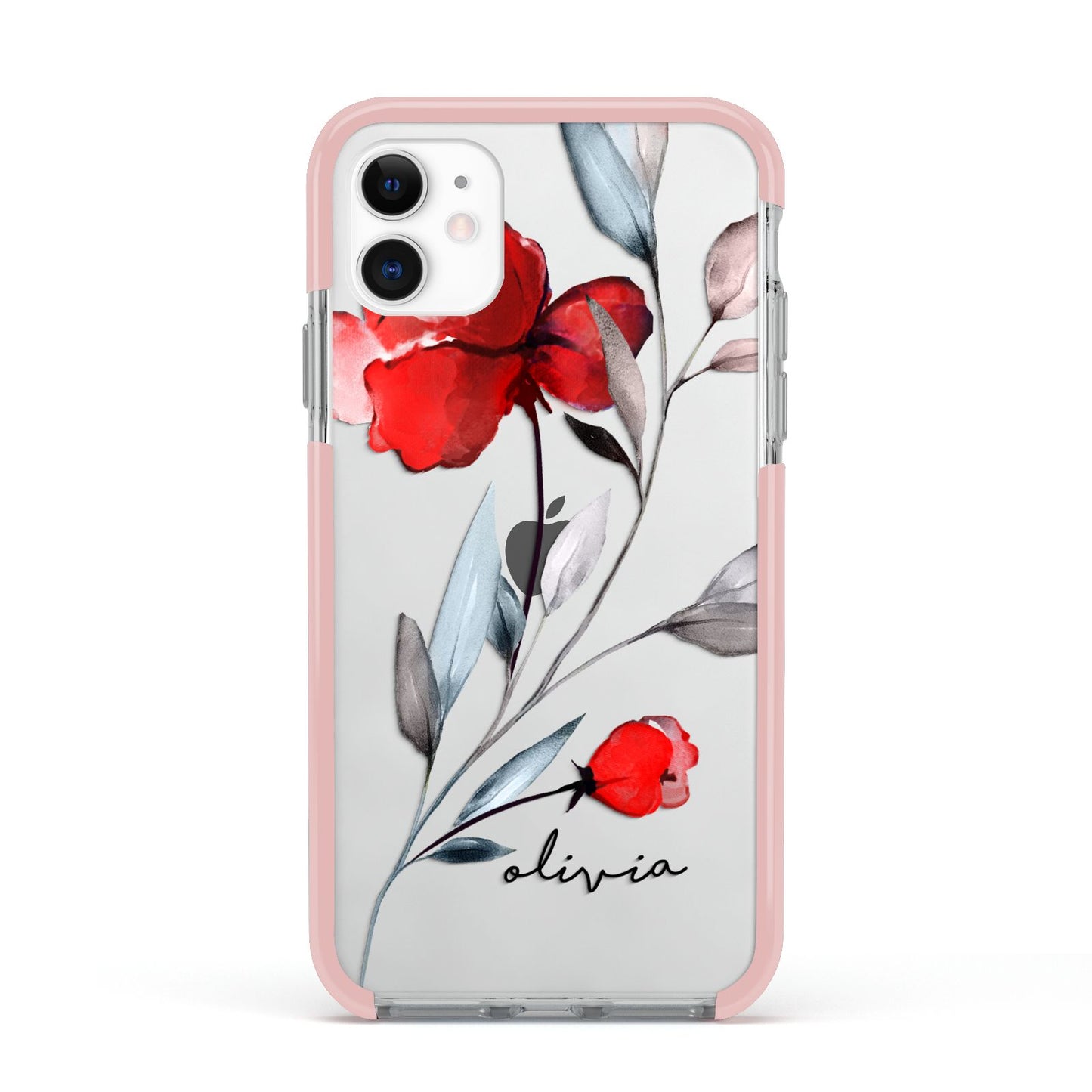 Personalised Red Roses Floral Name Apple iPhone 11 in White with Pink Impact Case