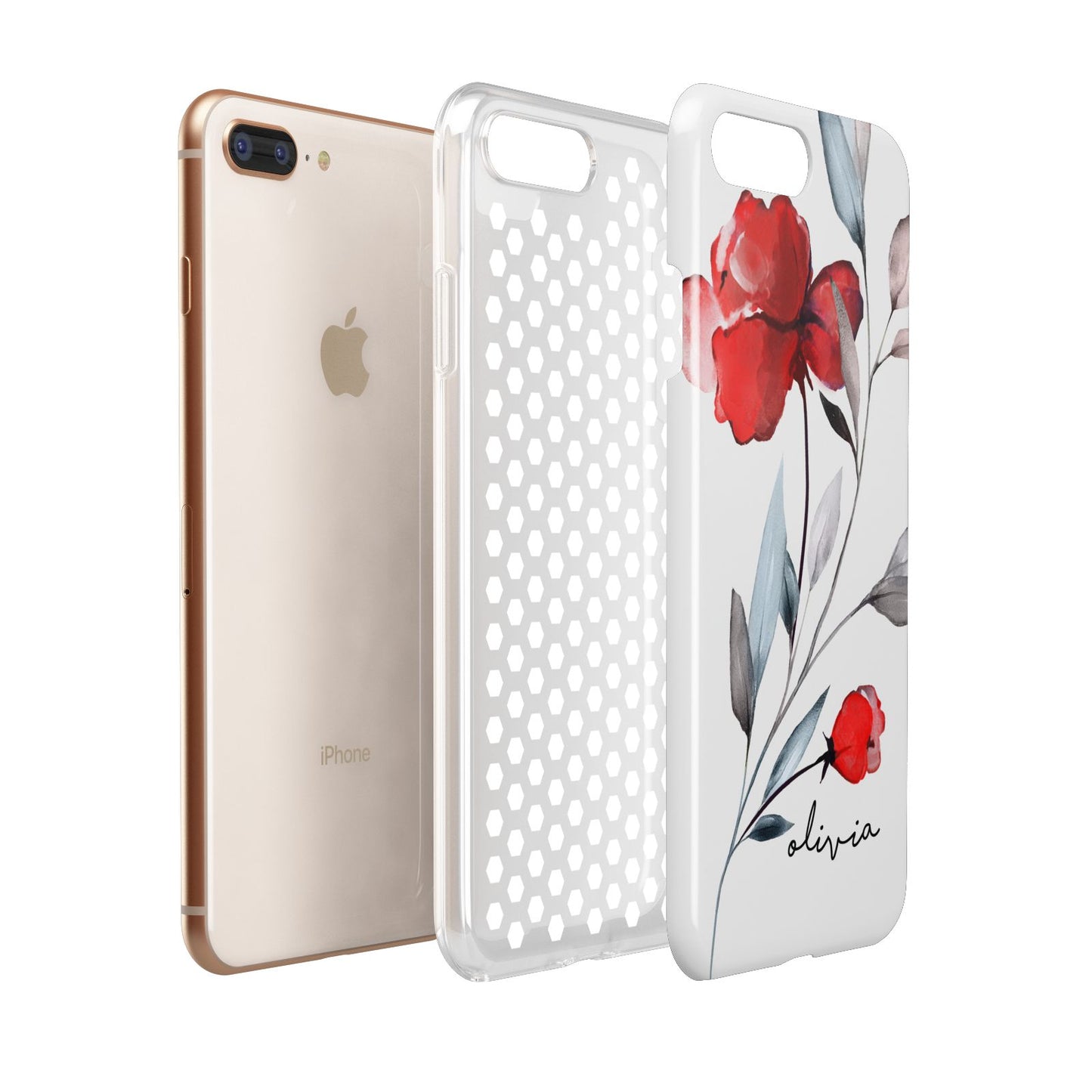 Personalised Red Roses Floral Name Apple iPhone 7 8 Plus 3D Tough Case Expanded View