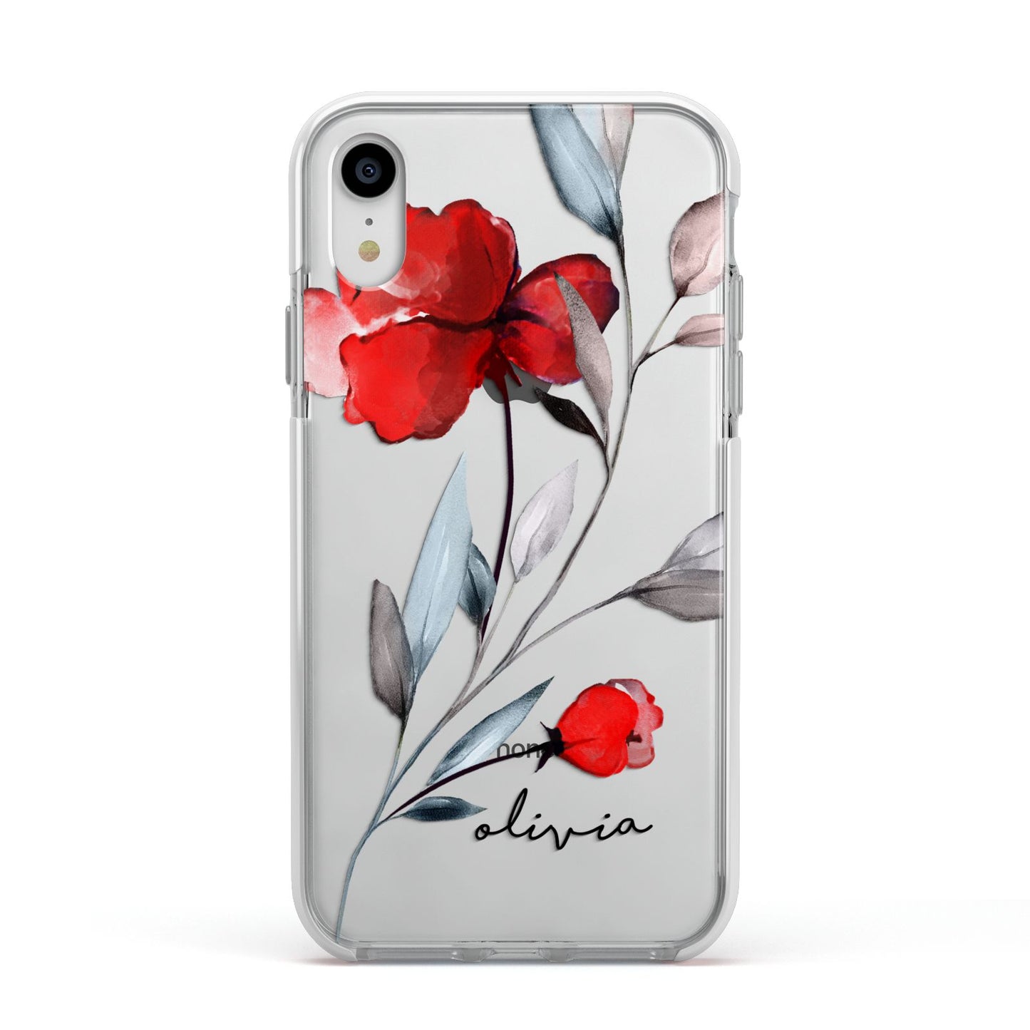 Personalised Red Roses Floral Name Apple iPhone XR Impact Case White Edge on Silver Phone