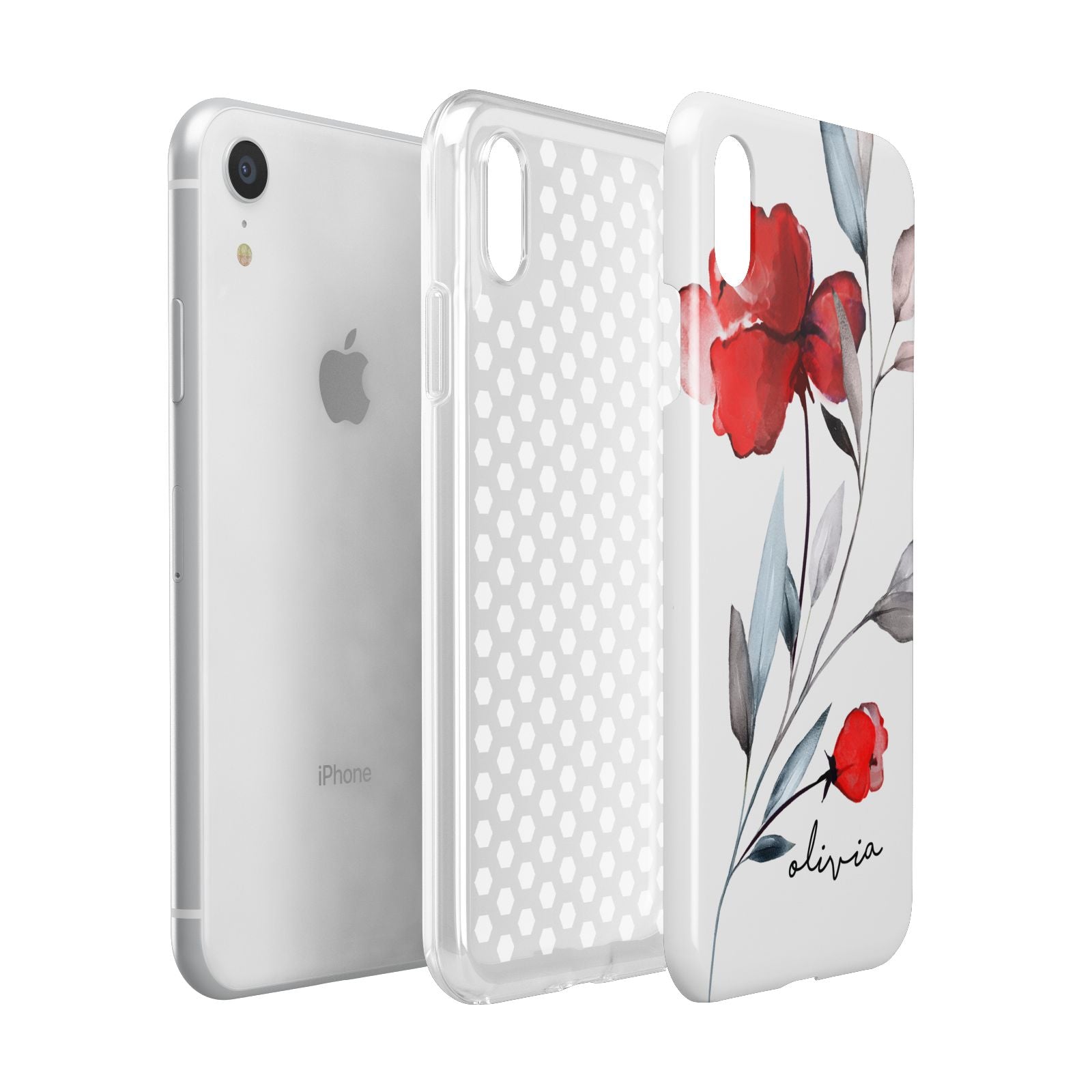 Personalised Red Roses Floral Name Apple iPhone XR White 3D Tough Case Expanded view