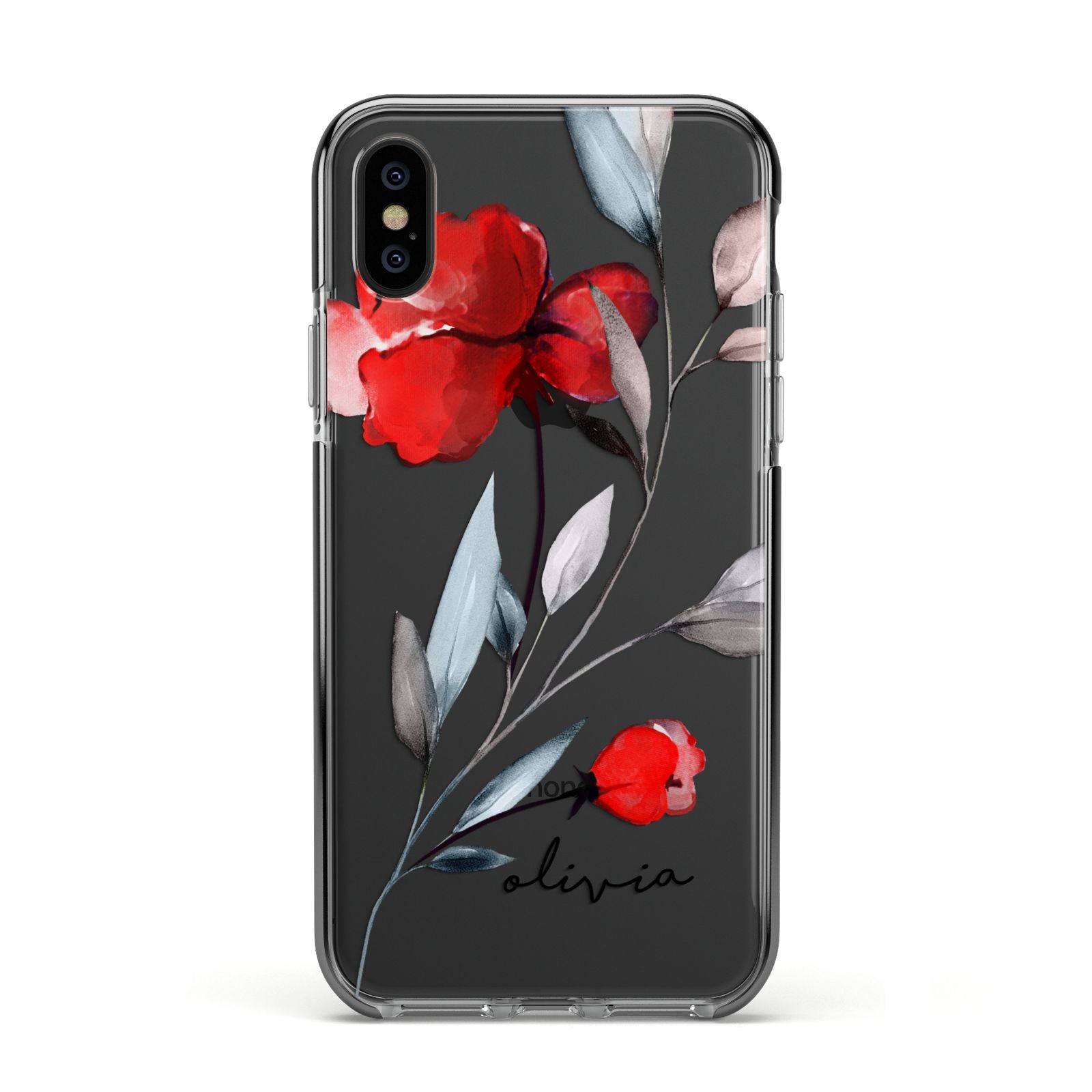 Personalised Red Roses Floral Name Apple iPhone Xs Impact Case Black Edge on Black Phone