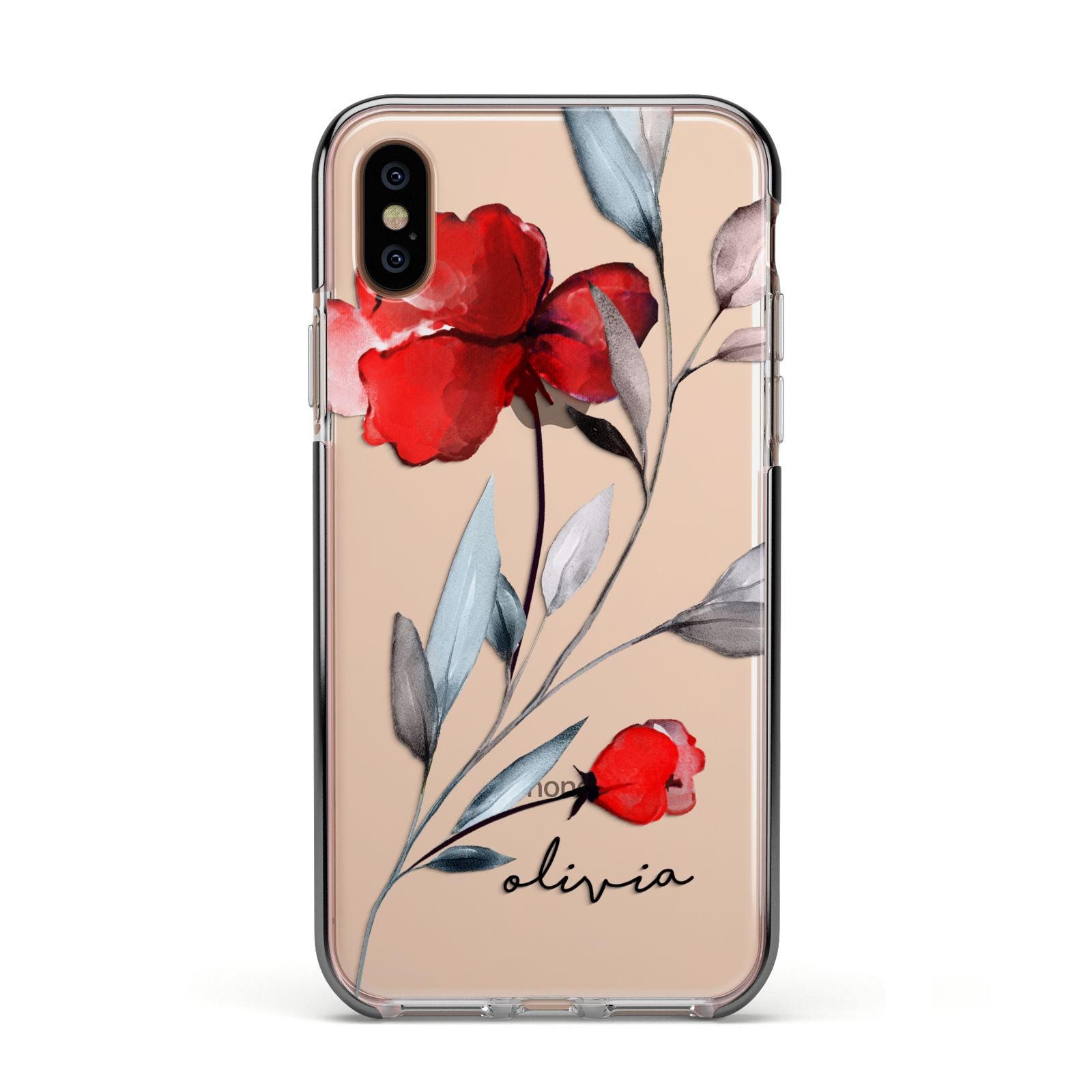 Personalised Red Roses Floral Name Apple iPhone Xs Impact Case Black Edge on Gold Phone