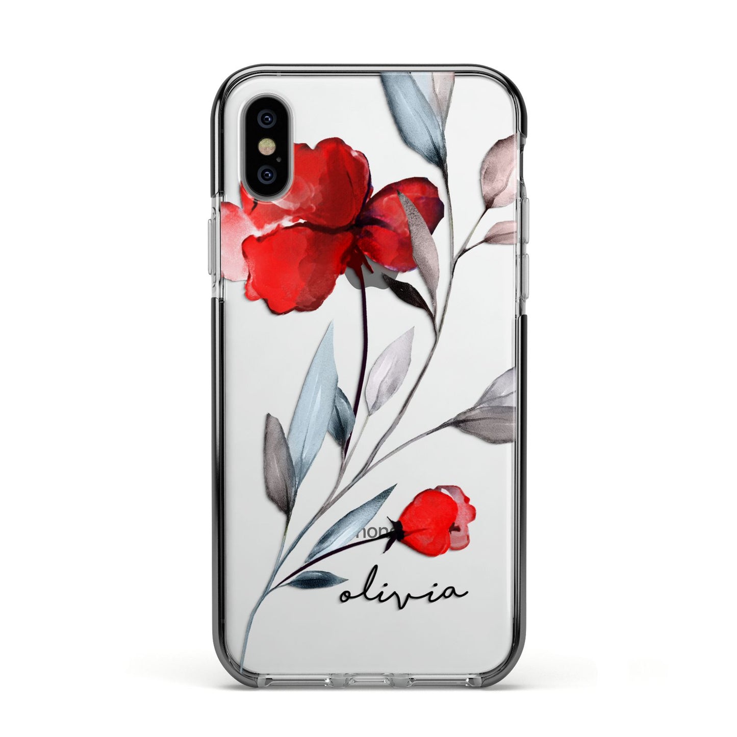 Personalised Red Roses Floral Name Apple iPhone Xs Impact Case Black Edge on Silver Phone