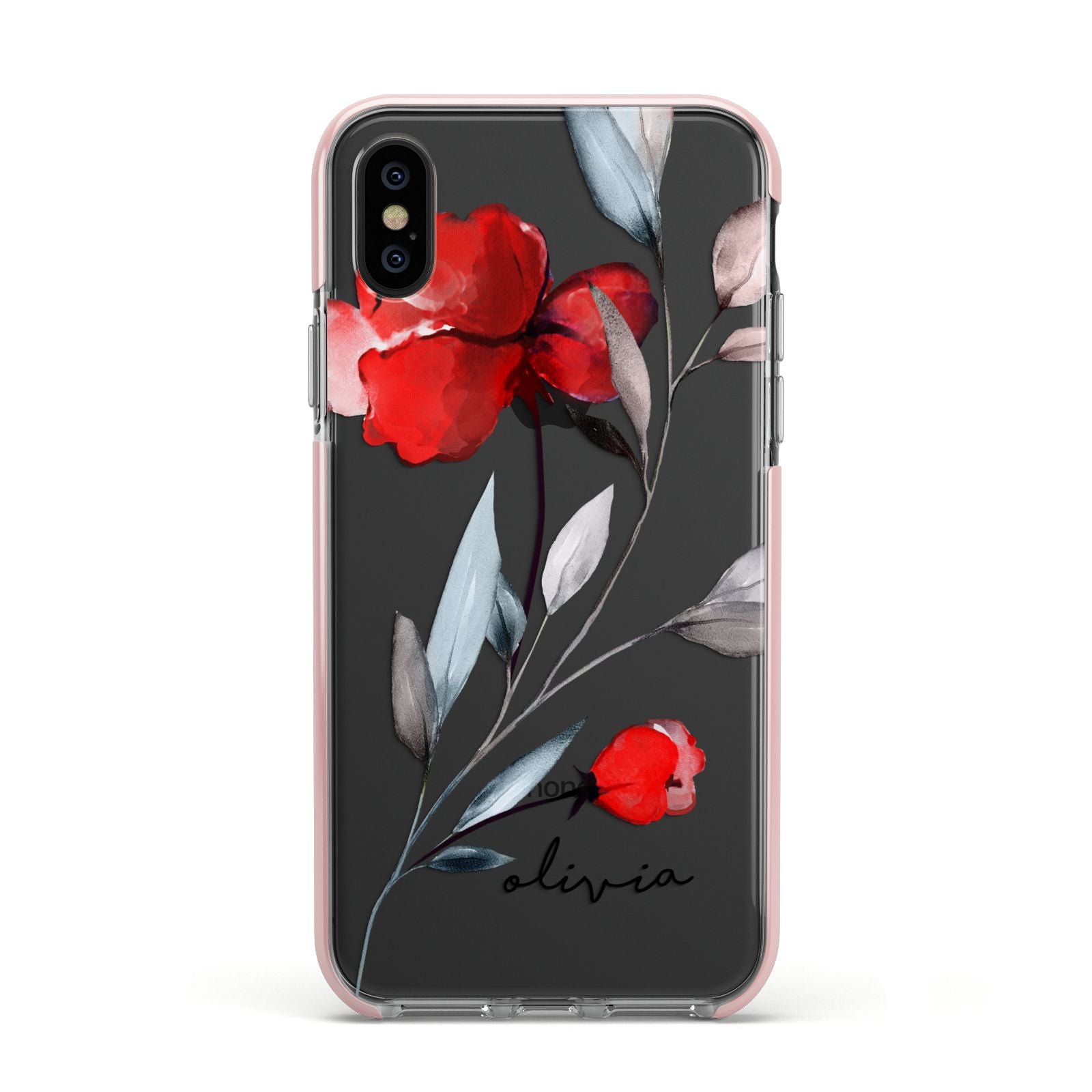 Personalised Red Roses Floral Name Apple iPhone Xs Impact Case Pink Edge on Black Phone