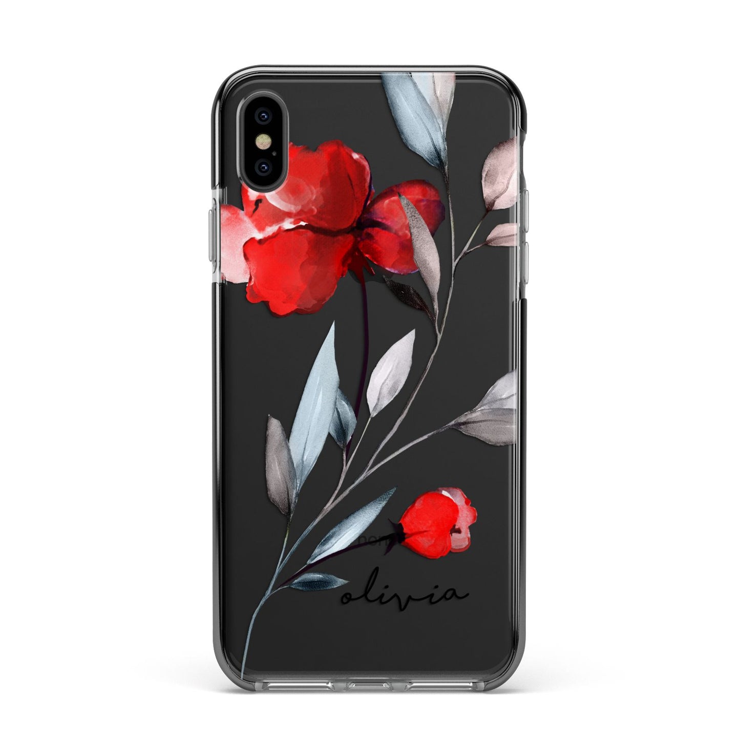 Personalised Red Roses Floral Name Apple iPhone Xs Max Impact Case Black Edge on Black Phone
