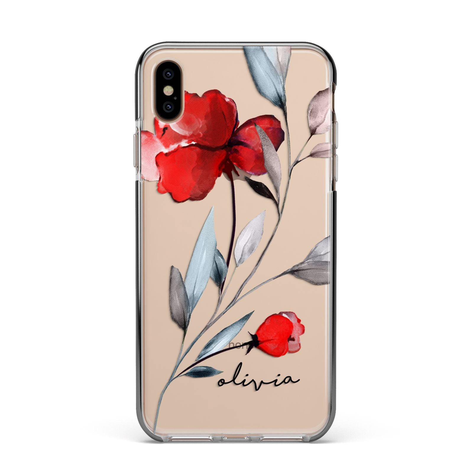 Personalised Red Roses Floral Name Apple iPhone Xs Max Impact Case Black Edge on Gold Phone