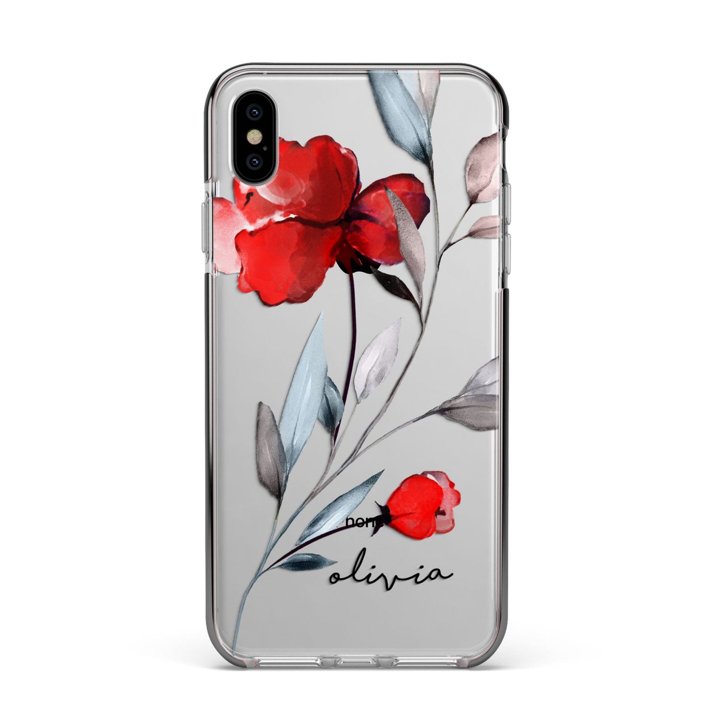 Personalised Red Roses Floral Name Apple iPhone Xs Max Impact Case Black Edge on Silver Phone