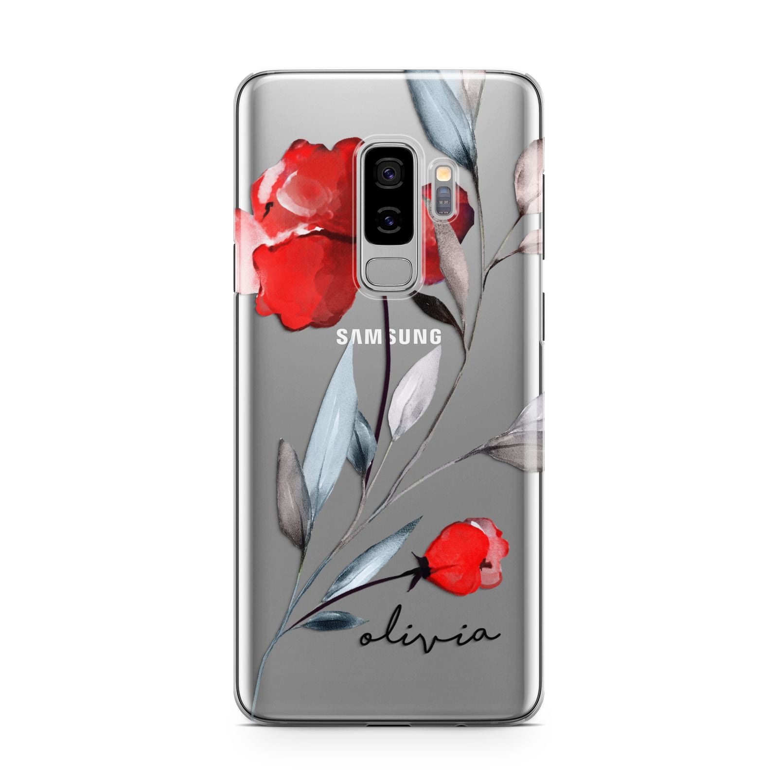 Personalised Red Roses Floral Name Samsung Galaxy S9 Plus Case on Silver phone