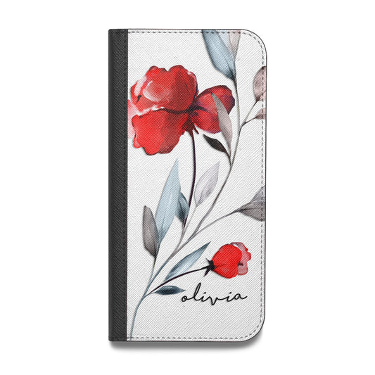 Personalised Red Roses Floral Name Vegan Leather Flip iPhone Case