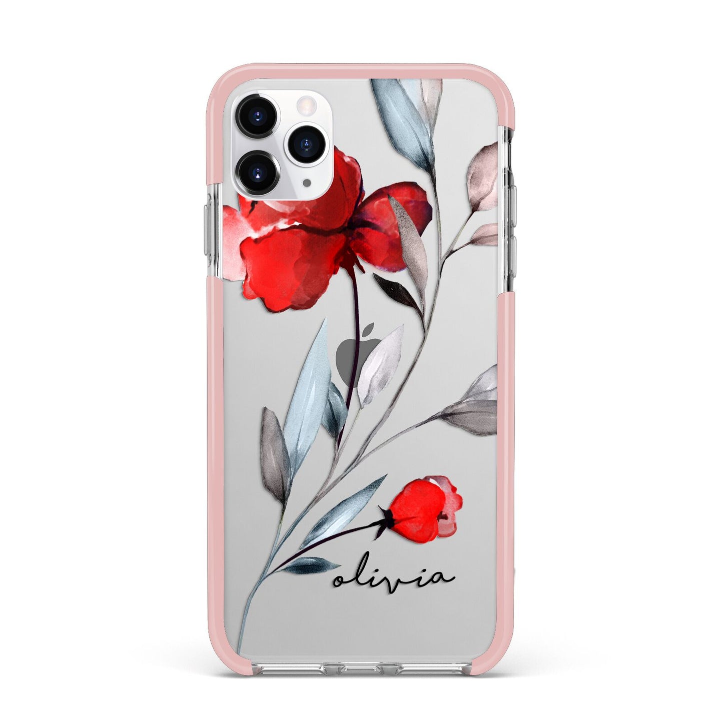 Personalised Red Roses Floral Name iPhone 11 Pro Max Impact Pink Edge Case
