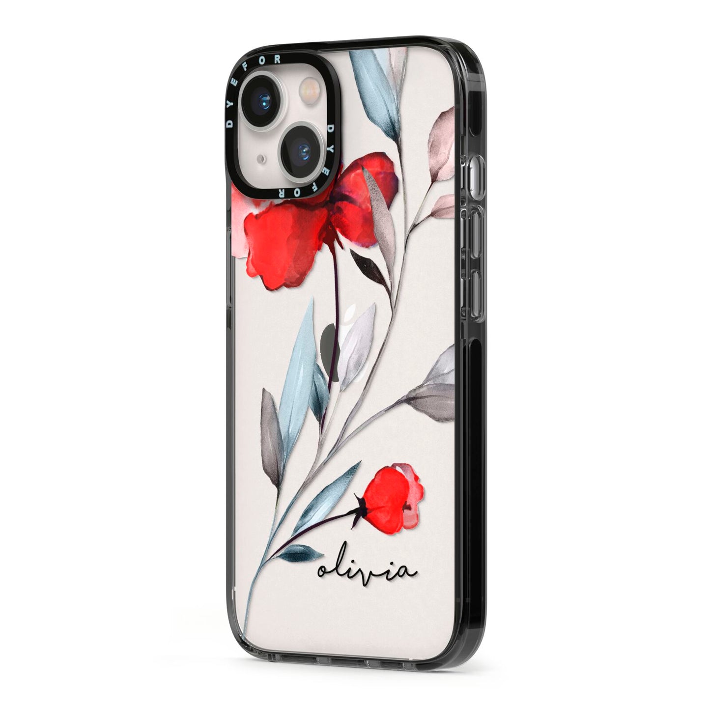Personalised Red Roses Floral Name iPhone 13 Black Impact Case Side Angle on Silver phone