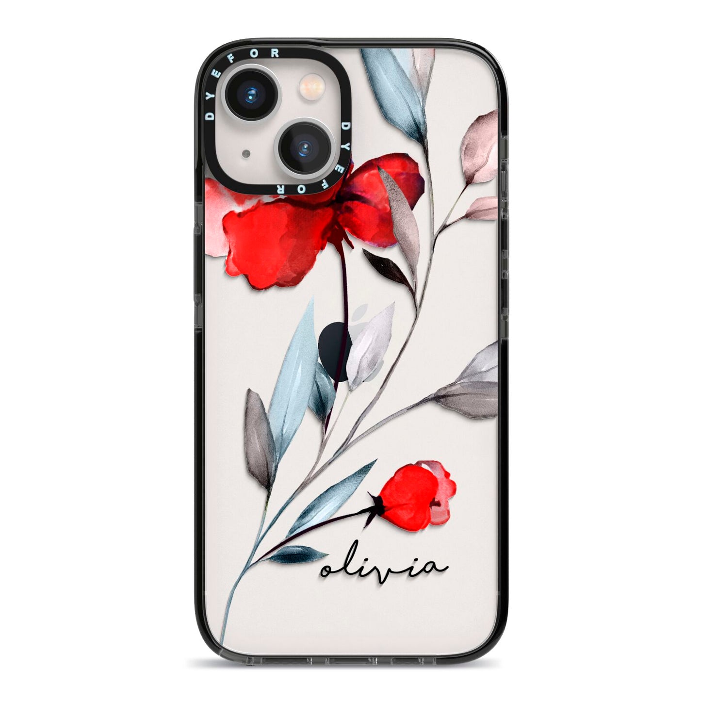 Personalised Red Roses Floral Name iPhone 13 Black Impact Case on Silver phone