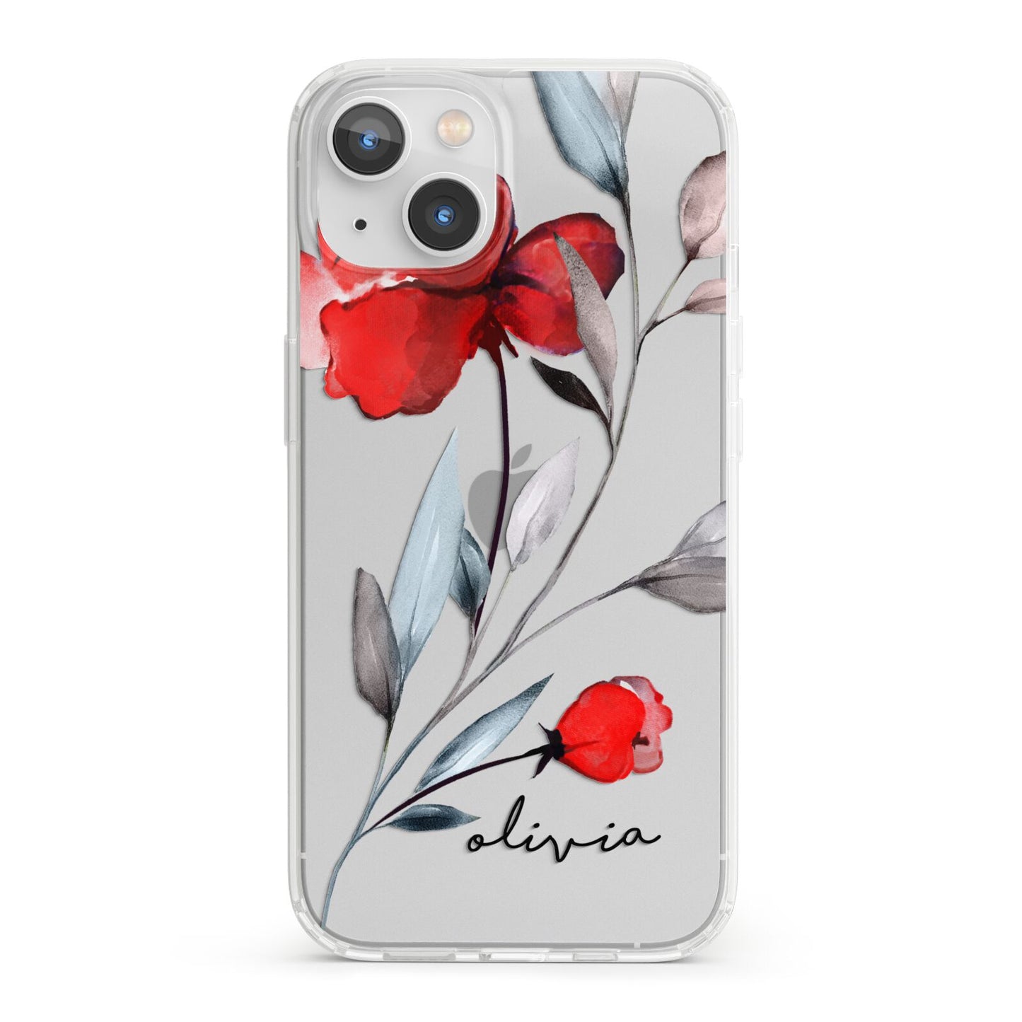 Personalised Red Roses Floral Name iPhone 13 Clear Bumper Case