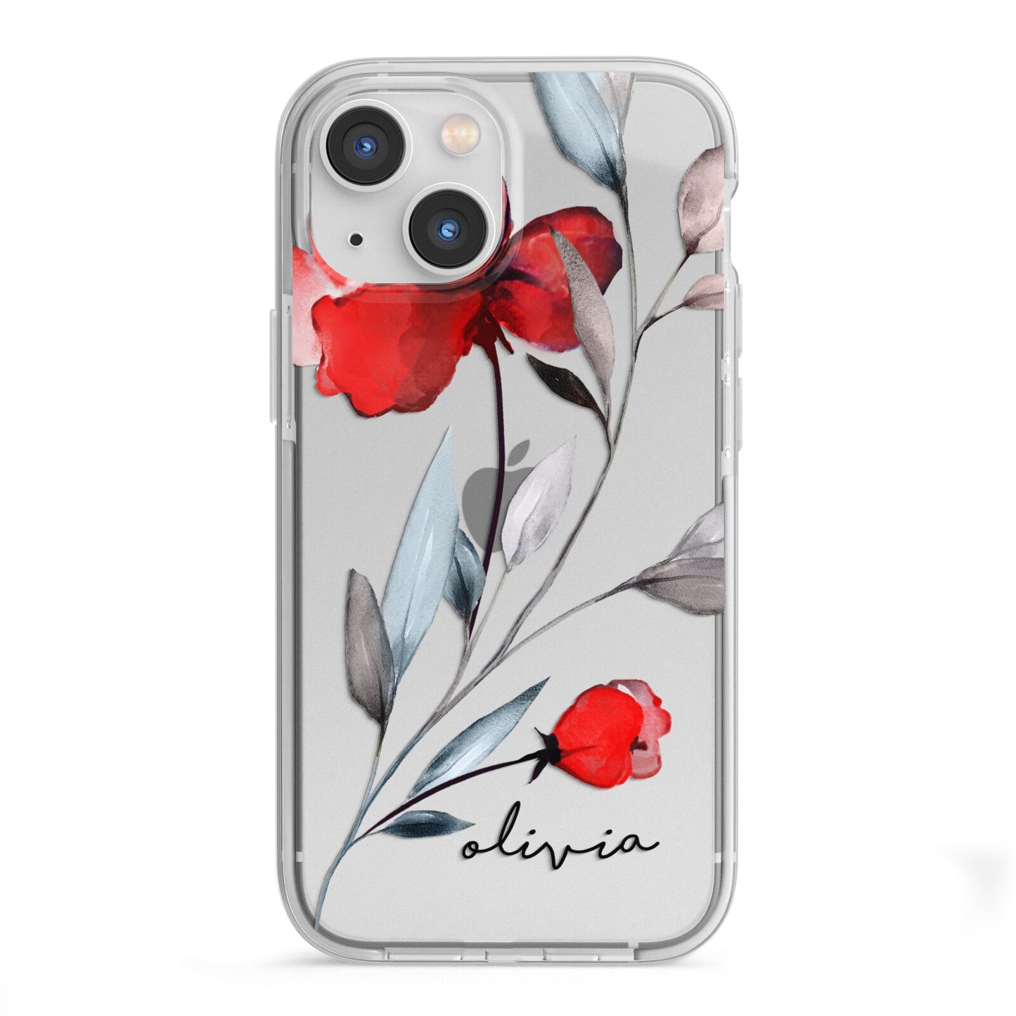 Personalised Red Roses Floral Name iPhone 13 Mini TPU Impact Case with White Edges