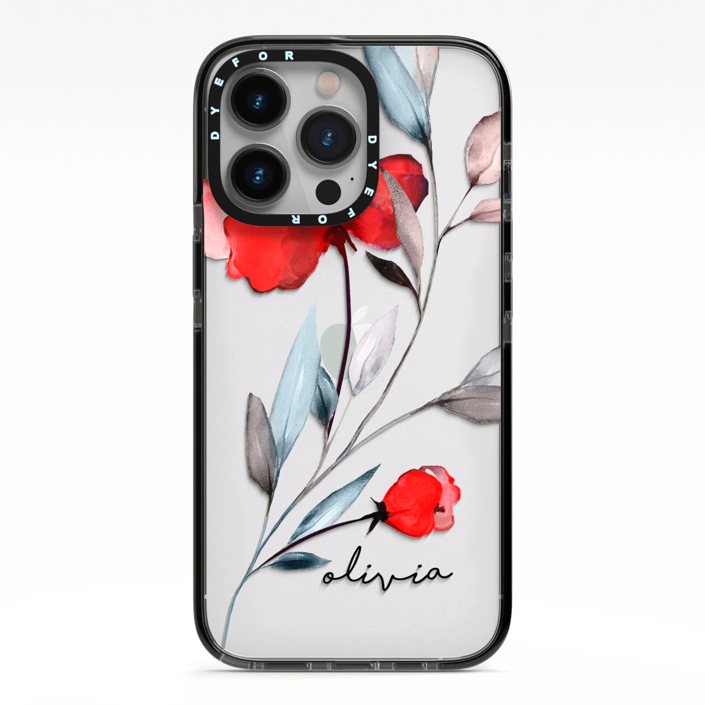 Personalised Red Roses Floral Name iPhone 13 Pro Black Impact Case on Silver phone