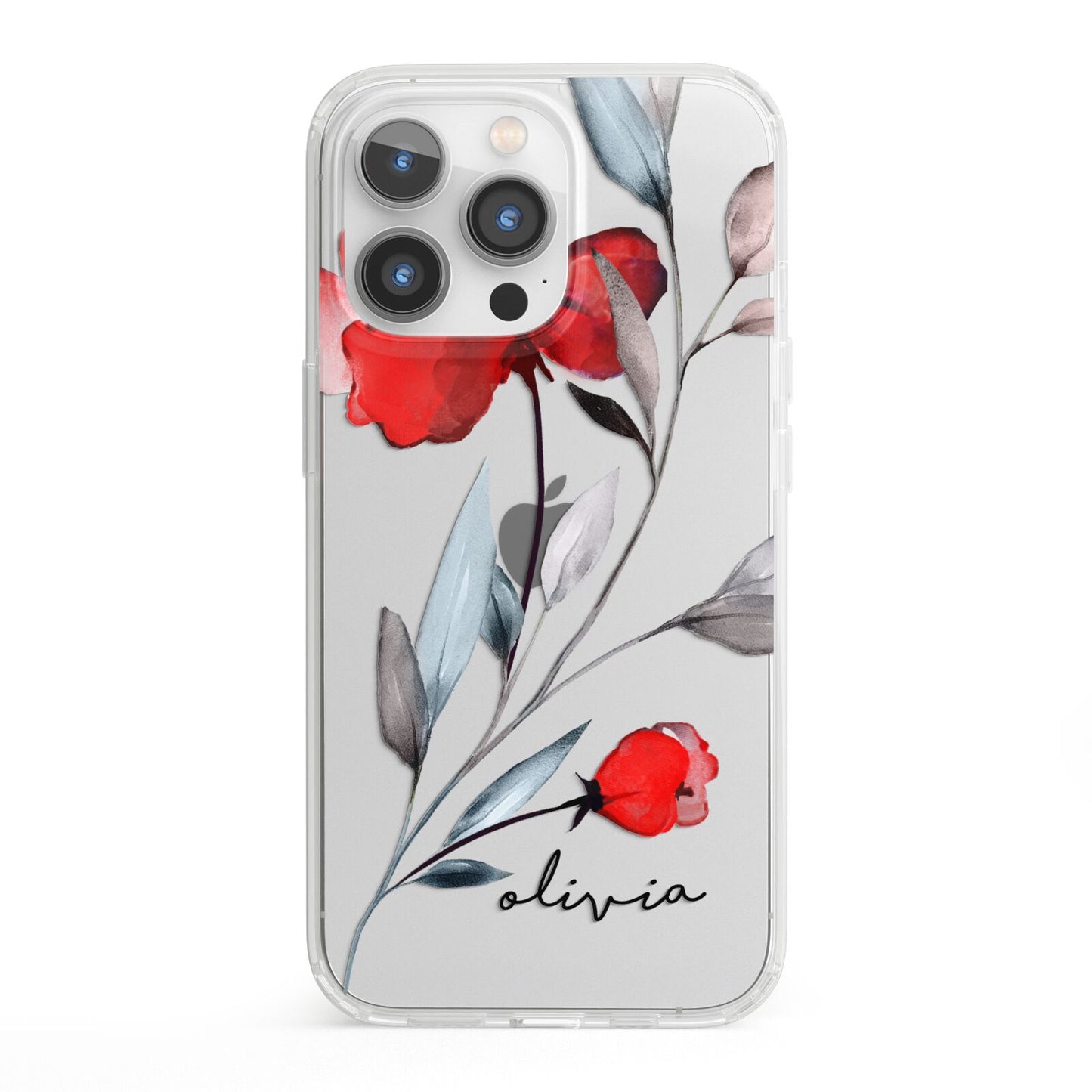 Personalised Red Roses Floral Name iPhone 13 Pro Clear Bumper Case