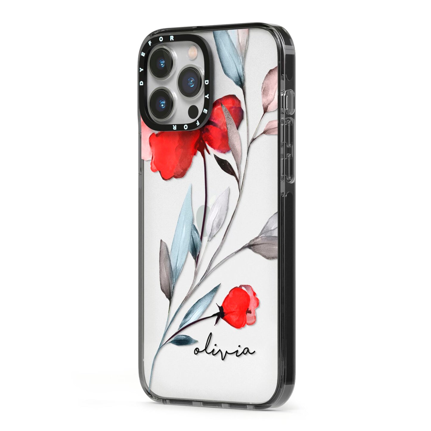 Personalised Red Roses Floral Name iPhone 13 Pro Max Black Impact Case Side Angle on Silver phone