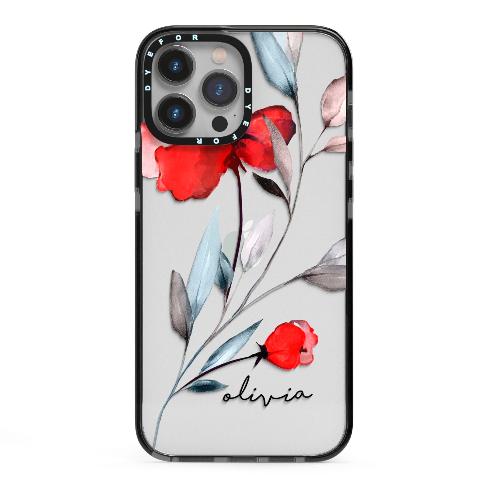 Personalised Red Roses Floral Name iPhone 13 Pro Max Black Impact Case on Silver phone