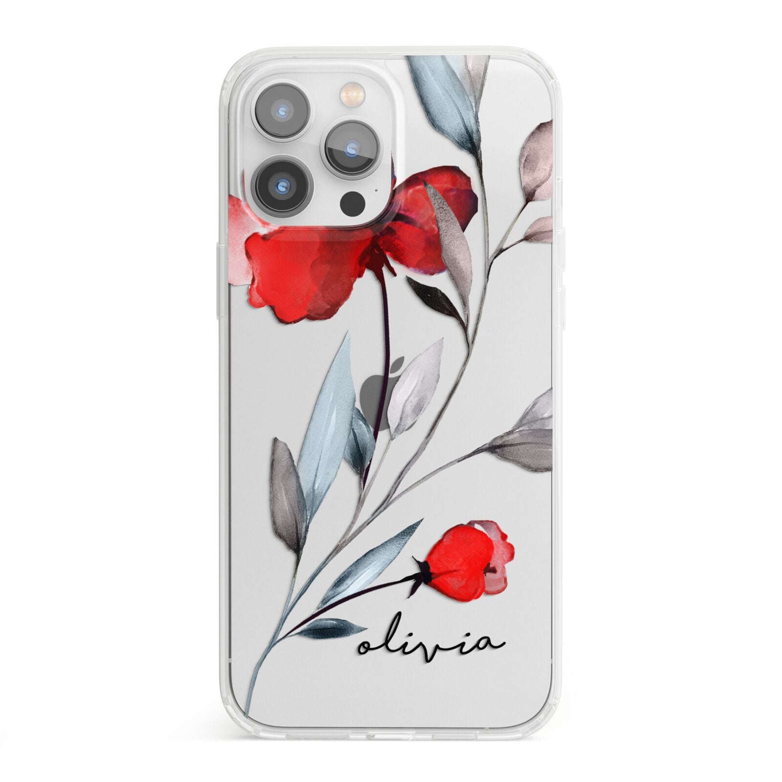 Personalised Red Roses Floral Name iPhone 13 Pro Max Clear Bumper Case