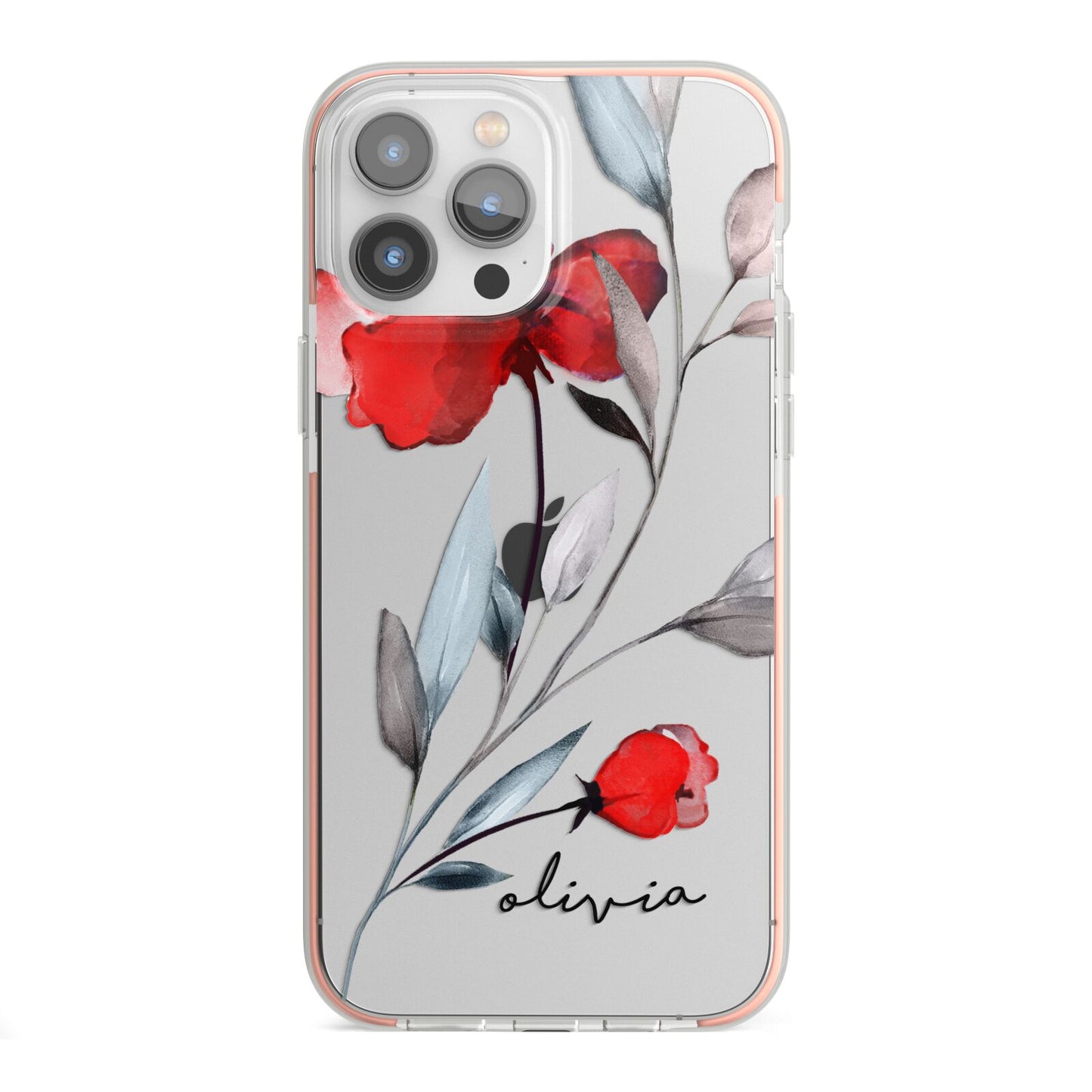 Personalised Red Roses Floral Name iPhone 13 Pro Max TPU Impact Case with Pink Edges