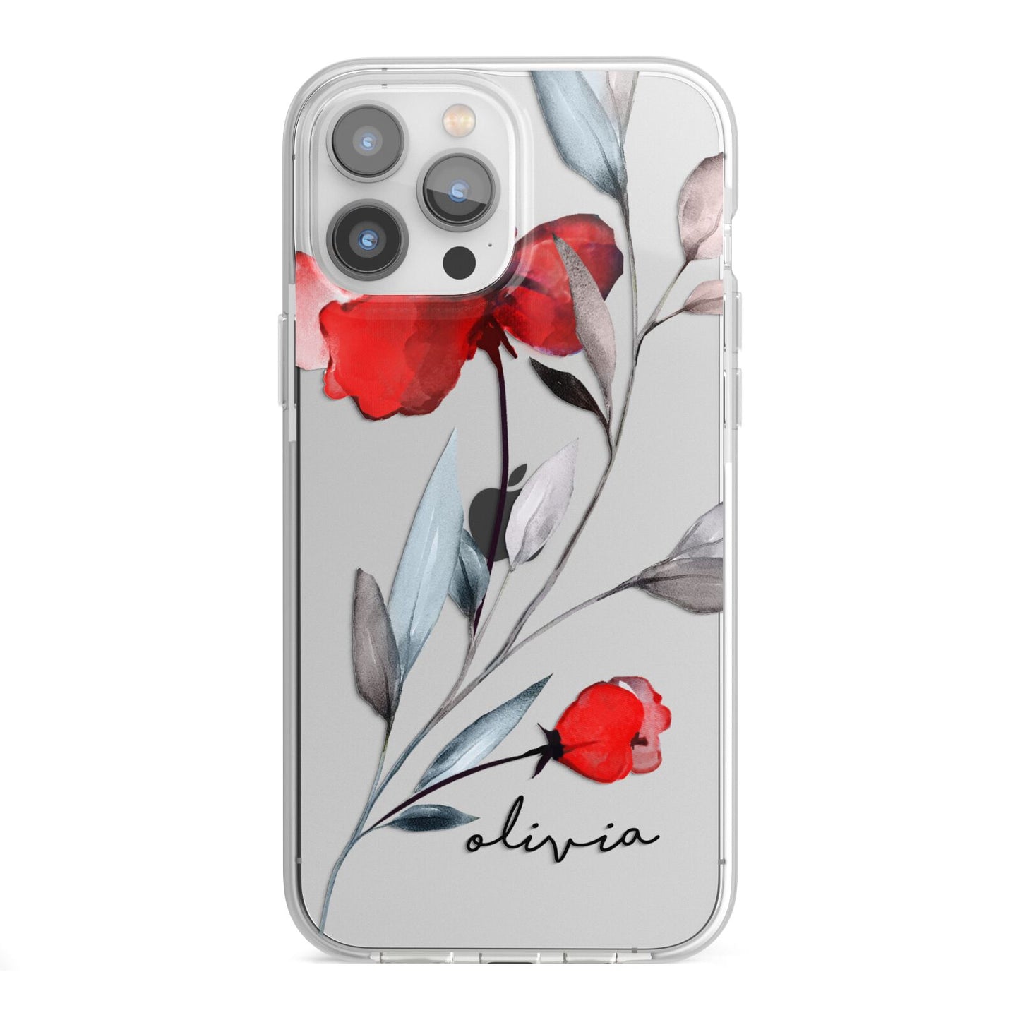 Personalised Red Roses Floral Name iPhone 13 Pro Max TPU Impact Case with White Edges