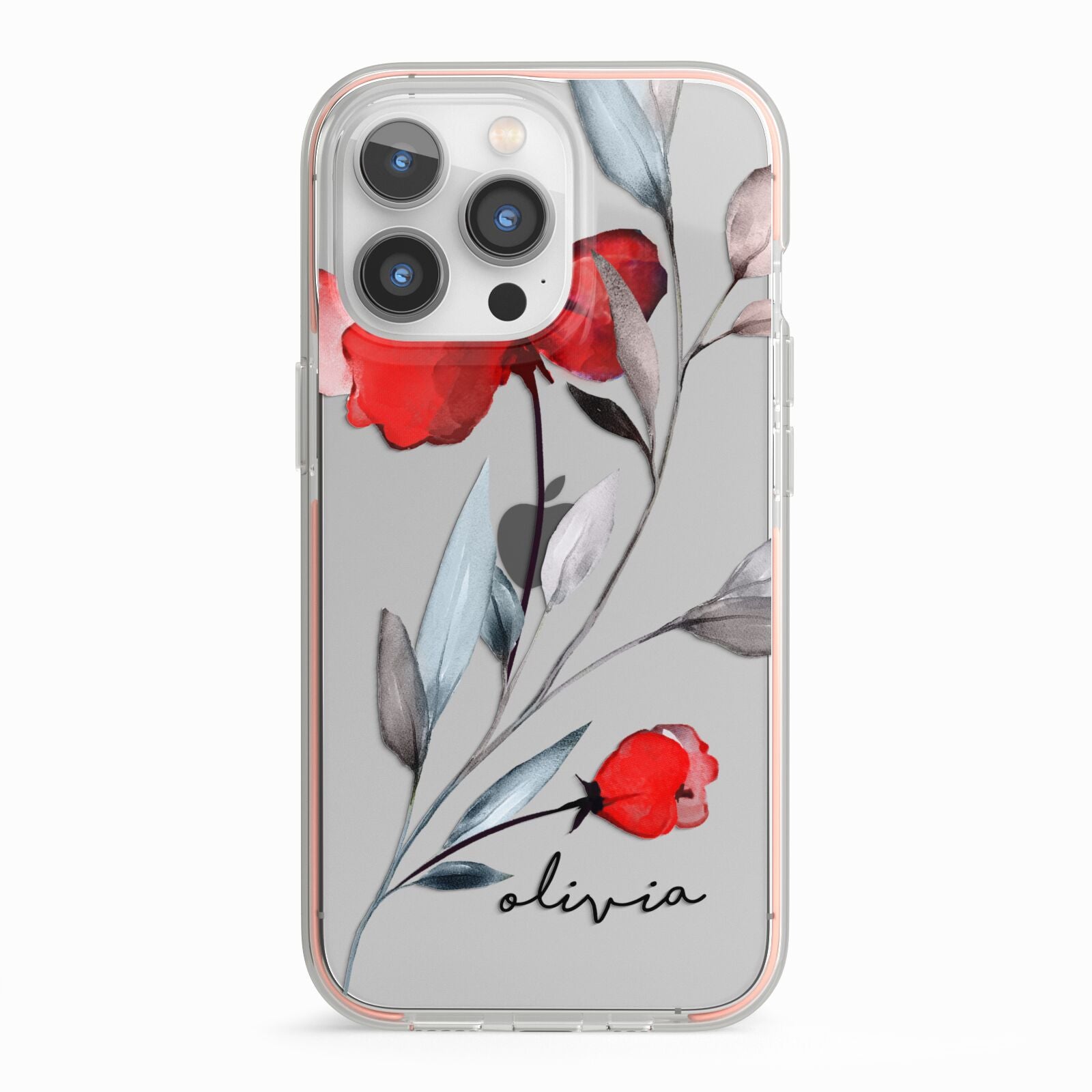 Personalised Red Roses Floral Name iPhone 13 Pro TPU Impact Case with Pink Edges