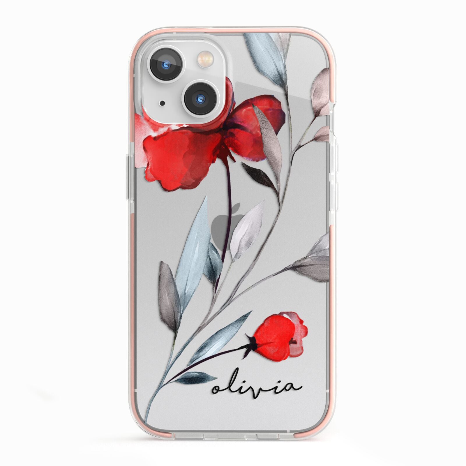 Personalised Red Roses Floral Name iPhone 13 TPU Impact Case with Pink Edges