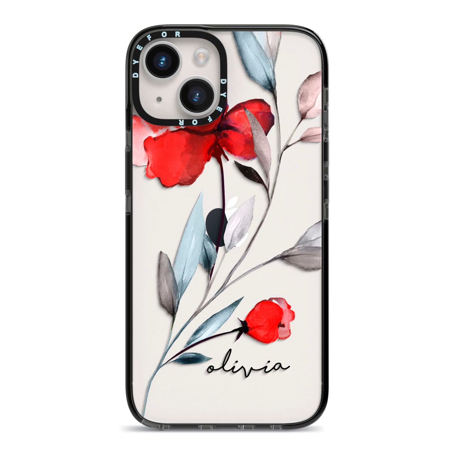 Personalised Red Roses Floral Name iPhone 14 Black Impact Case on Silver phone