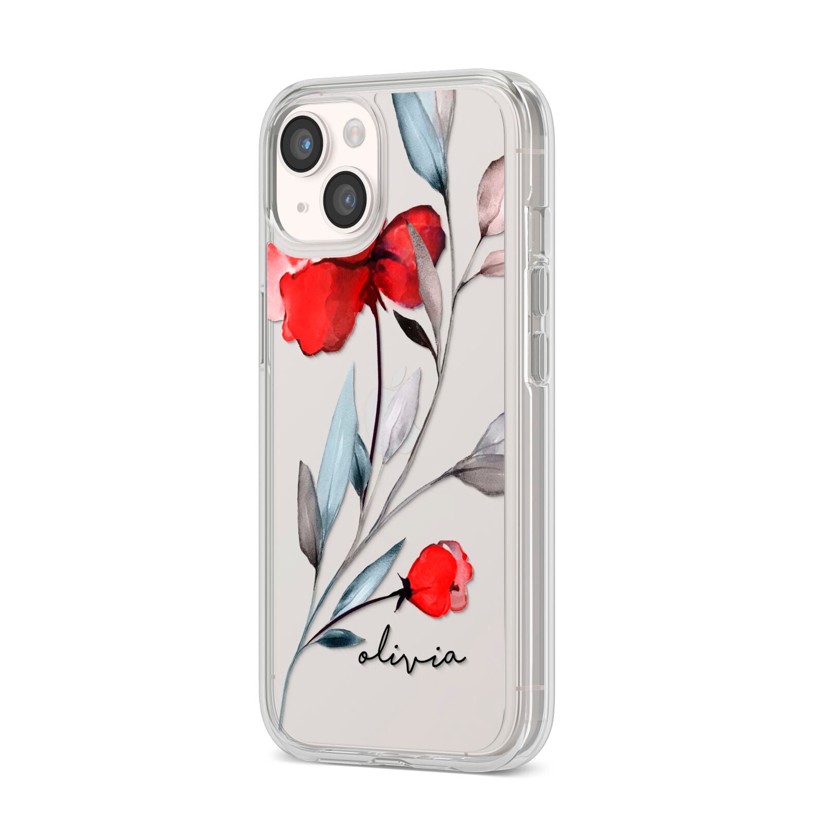 Personalised Red Roses Floral Name iPhone 14 Clear Tough Case Starlight Angled Image