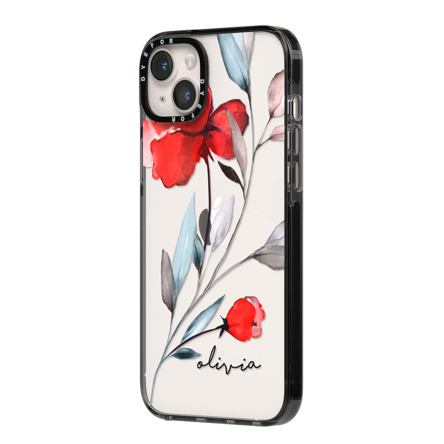 Personalised Red Roses Floral Name iPhone 14 Plus Black Impact Case Side Angle on Silver phone