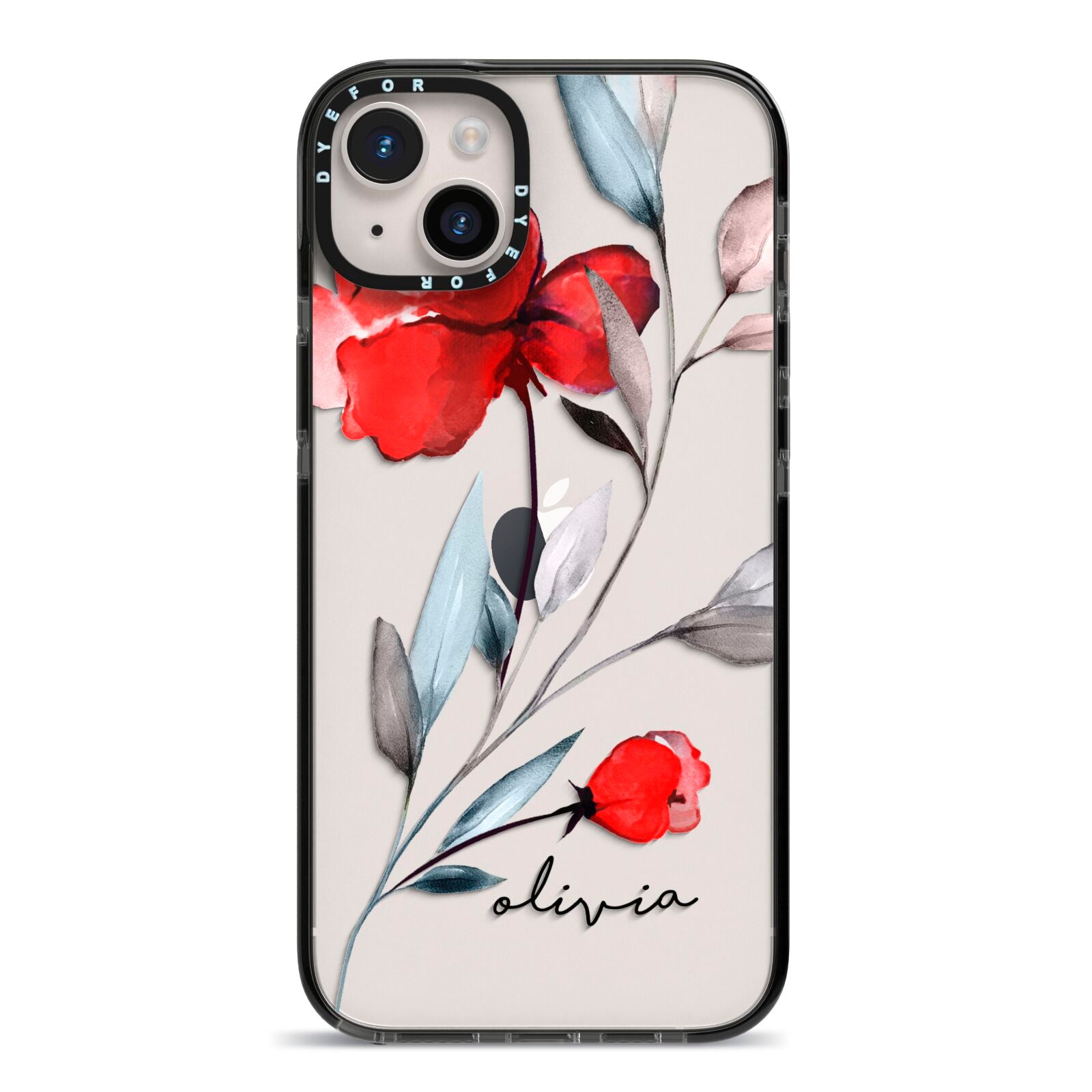 Personalised Red Roses Floral Name iPhone 14 Plus Black Impact Case on Silver phone