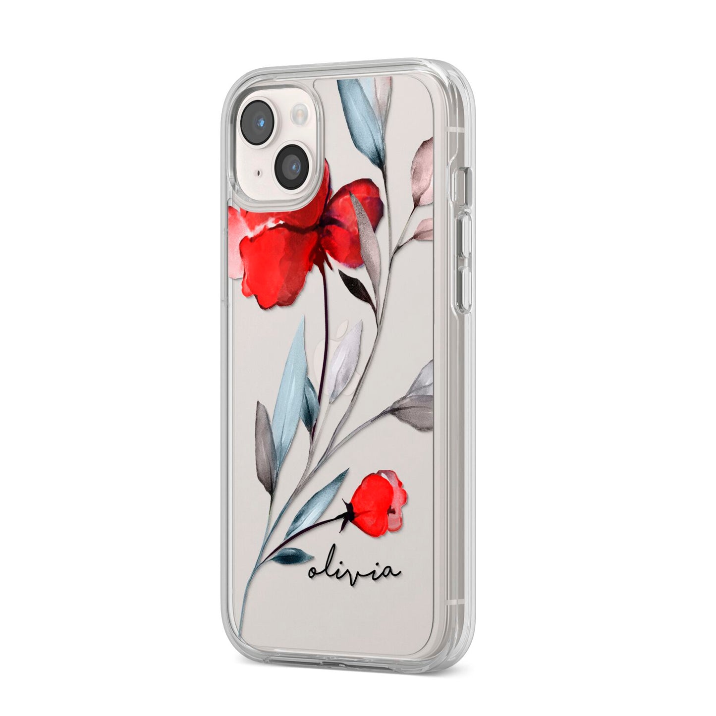 Personalised Red Roses Floral Name iPhone 14 Plus Clear Tough Case Starlight Angled Image