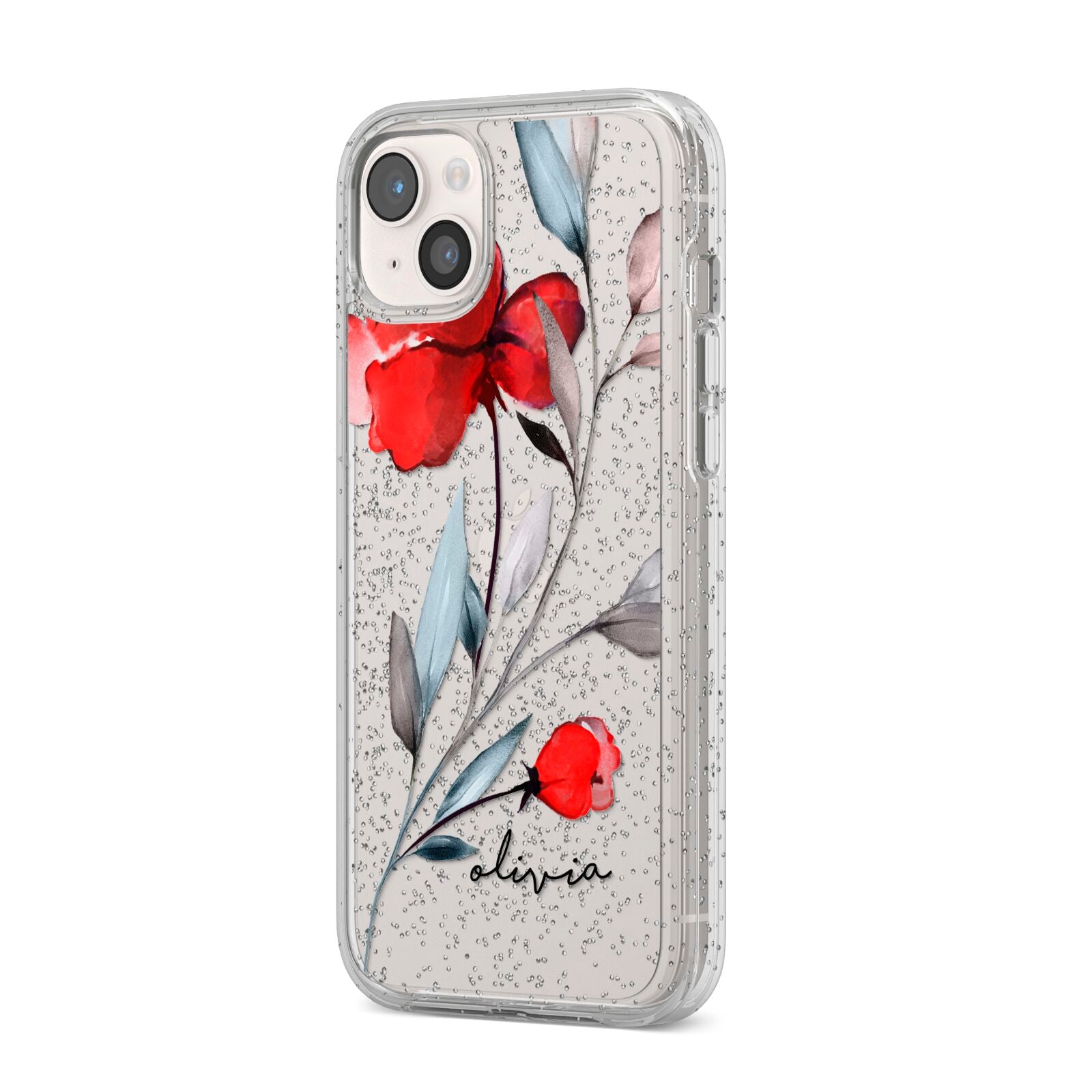 Personalised Red Roses Floral Name iPhone 14 Plus Glitter Tough Case Starlight Angled Image
