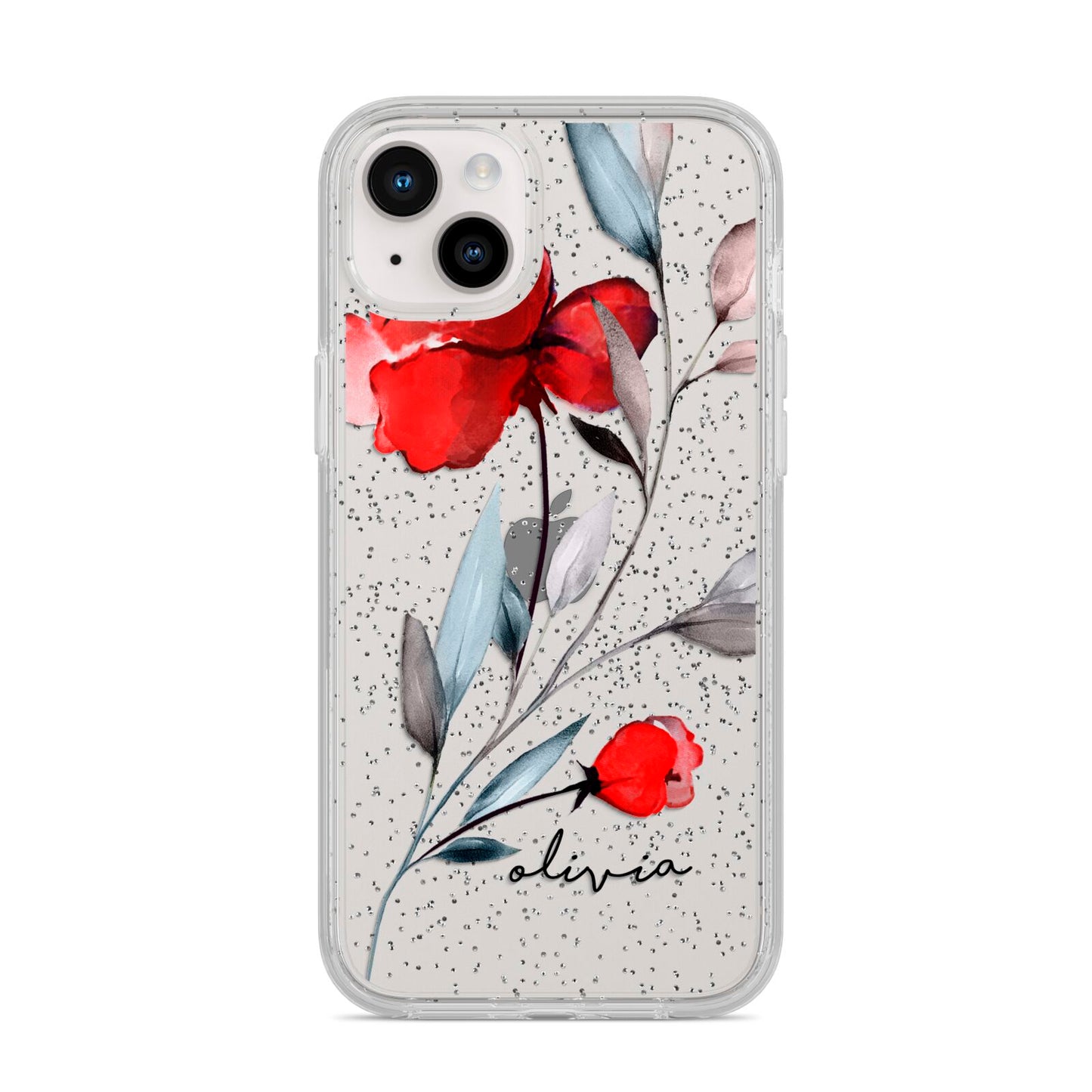 Personalised Red Roses Floral Name iPhone 14 Plus Glitter Tough Case Starlight