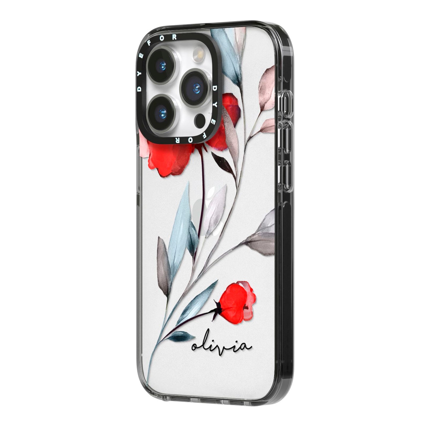 Personalised Red Roses Floral Name iPhone 14 Pro Black Impact Case Side Angle on Silver phone