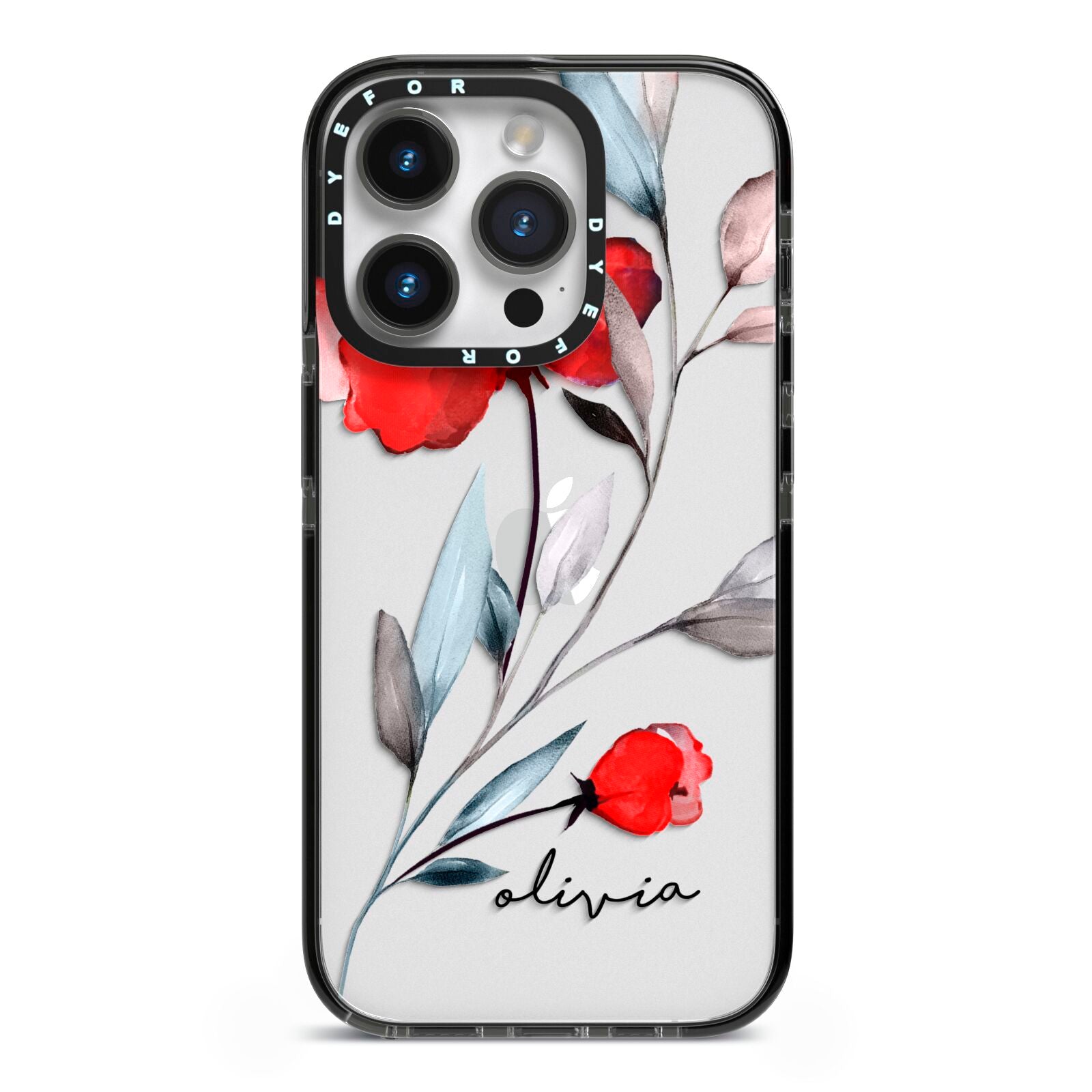 Personalised Red Roses Floral Name iPhone 14 Pro Black Impact Case on Silver phone